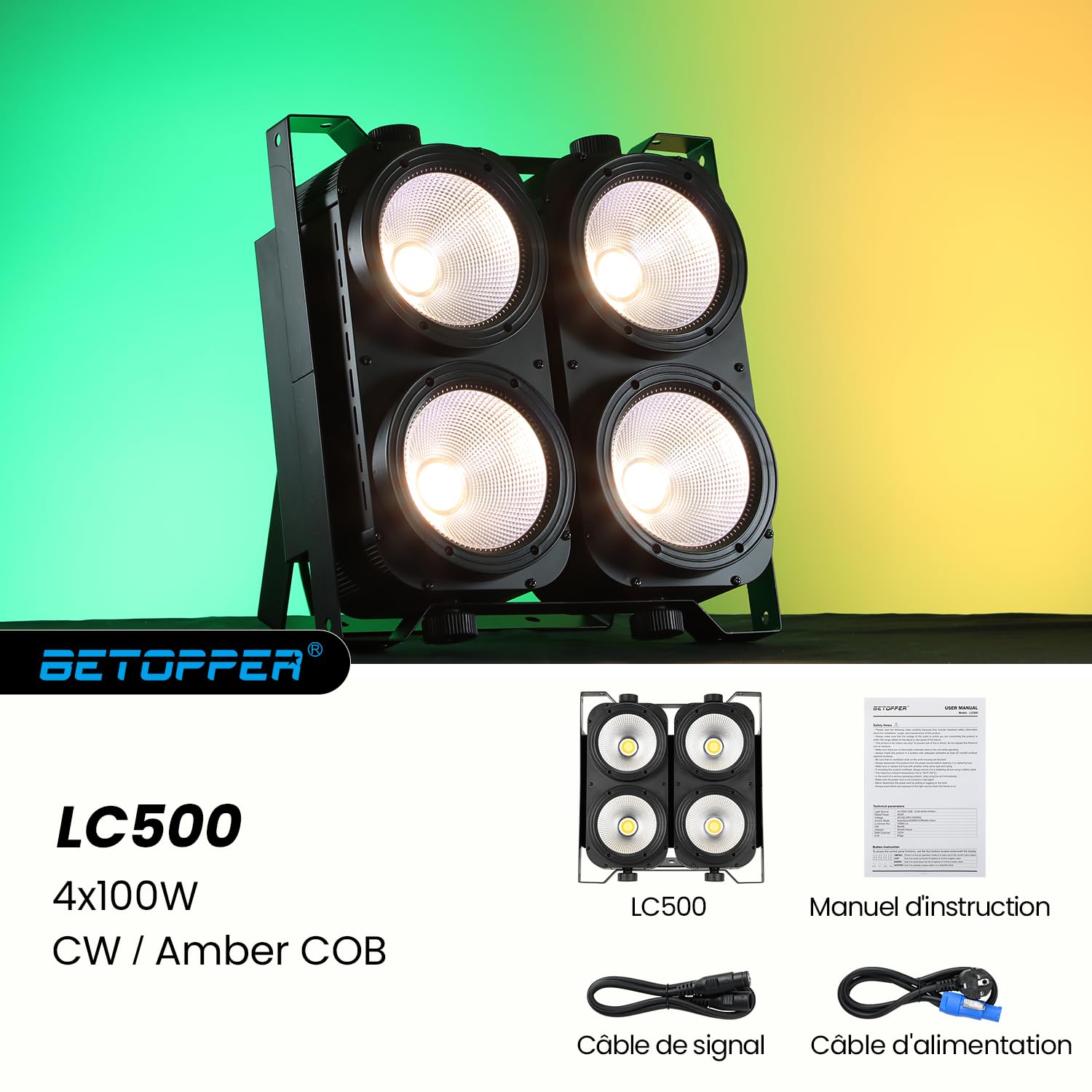 Betopper Par Led Projecteur 500W,Blinder Ambre+Blanc Froid COB Amélioré,Lumière de Scène DMX à Haut CRI/RA (>95),Jeu de Lumiere Matricielles 4 Yeux pour Discothèque, Mariage, Studio Photo, Théâtre