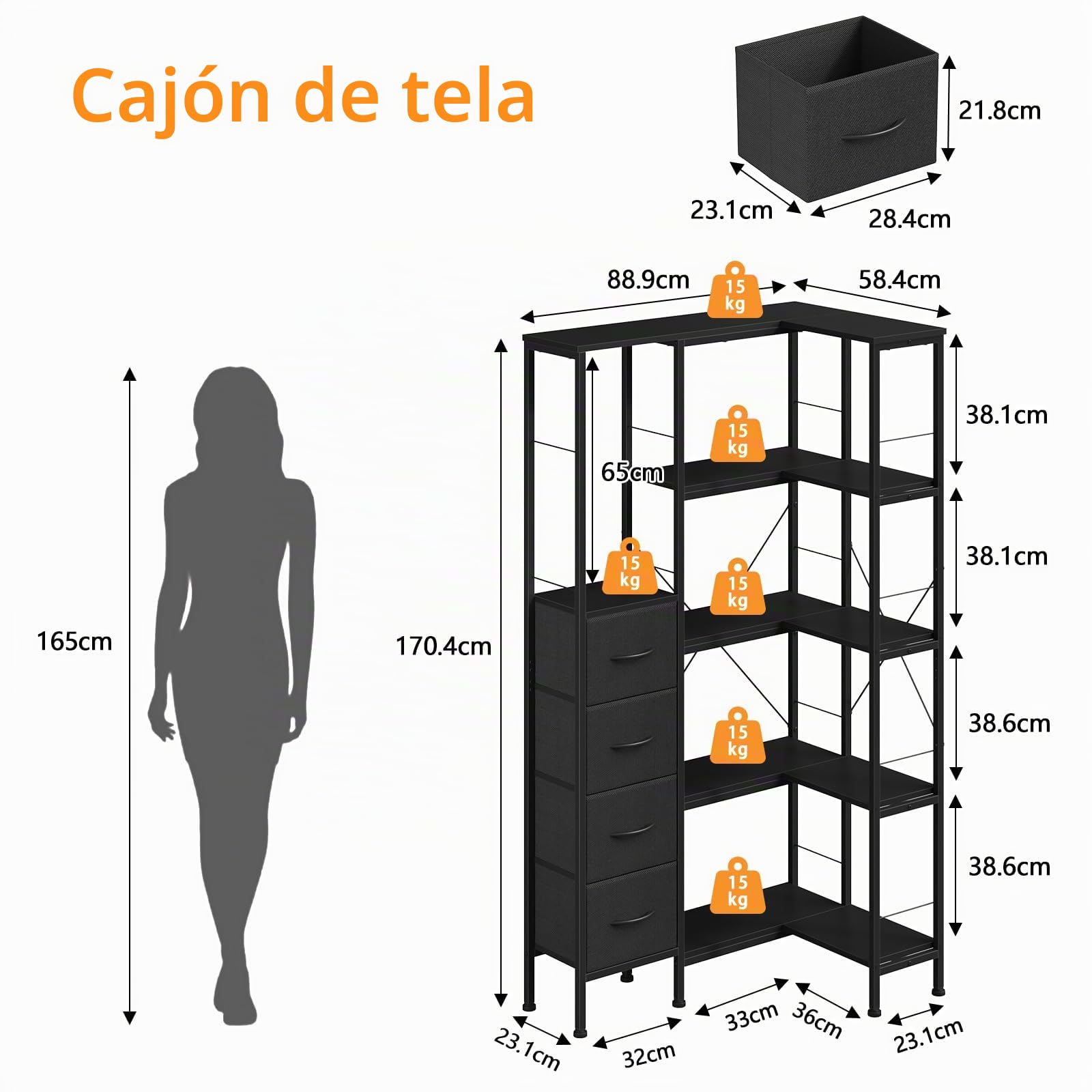 Estanteria Esquina con Iluminación LED, Estanterias Almacenaje de 5 Niveles con 4 Cajones de Tela, Estanteria Libros, Estanteria para Sala de Estar, Dormitorio, Oficina, Negro