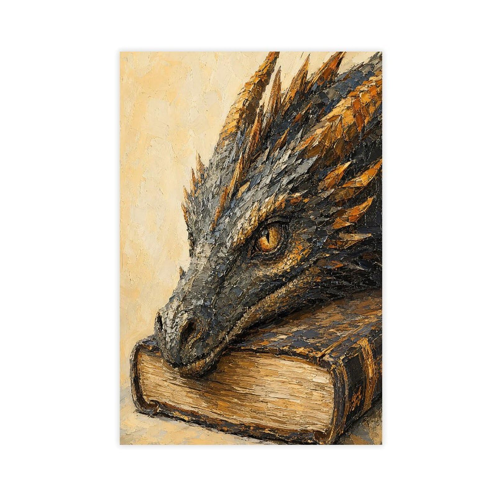 H3b8u2y5 Unframe-Style-4 Dragon Resting On Book Canvas Wall Art, Fantasy Creature Surrealist