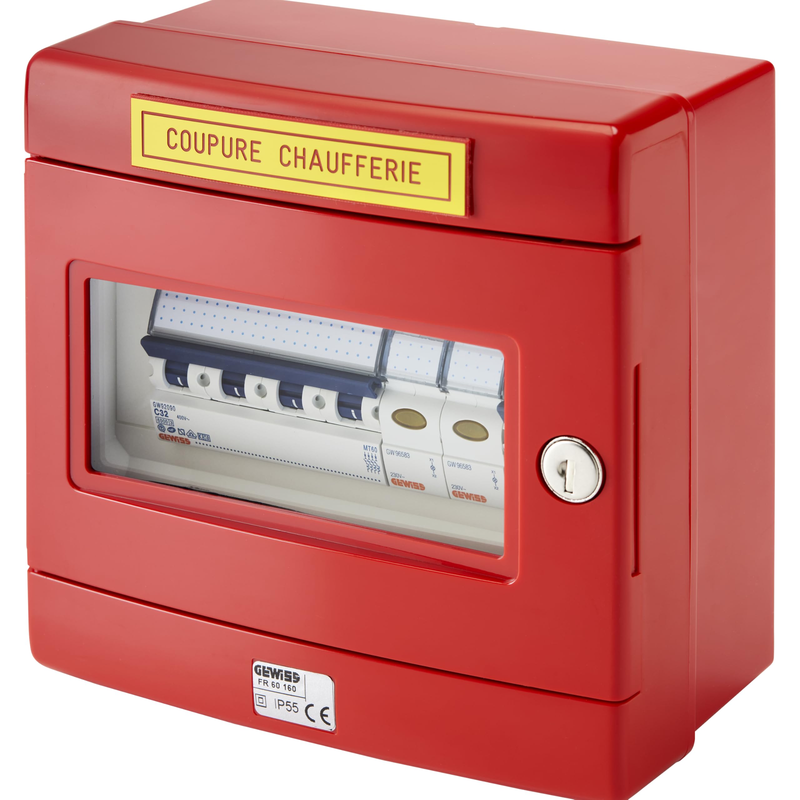 COFFRET CHAUFFERIE TRI+NEUTRE - 1 DÉPART 4P 32A - 1 DÉPART 2P 20A - 2 VOYANTS - IP55 - ROUGE RAL3000 | Coffret pour chaufferie - Gewiss - Triphasé + neutre
