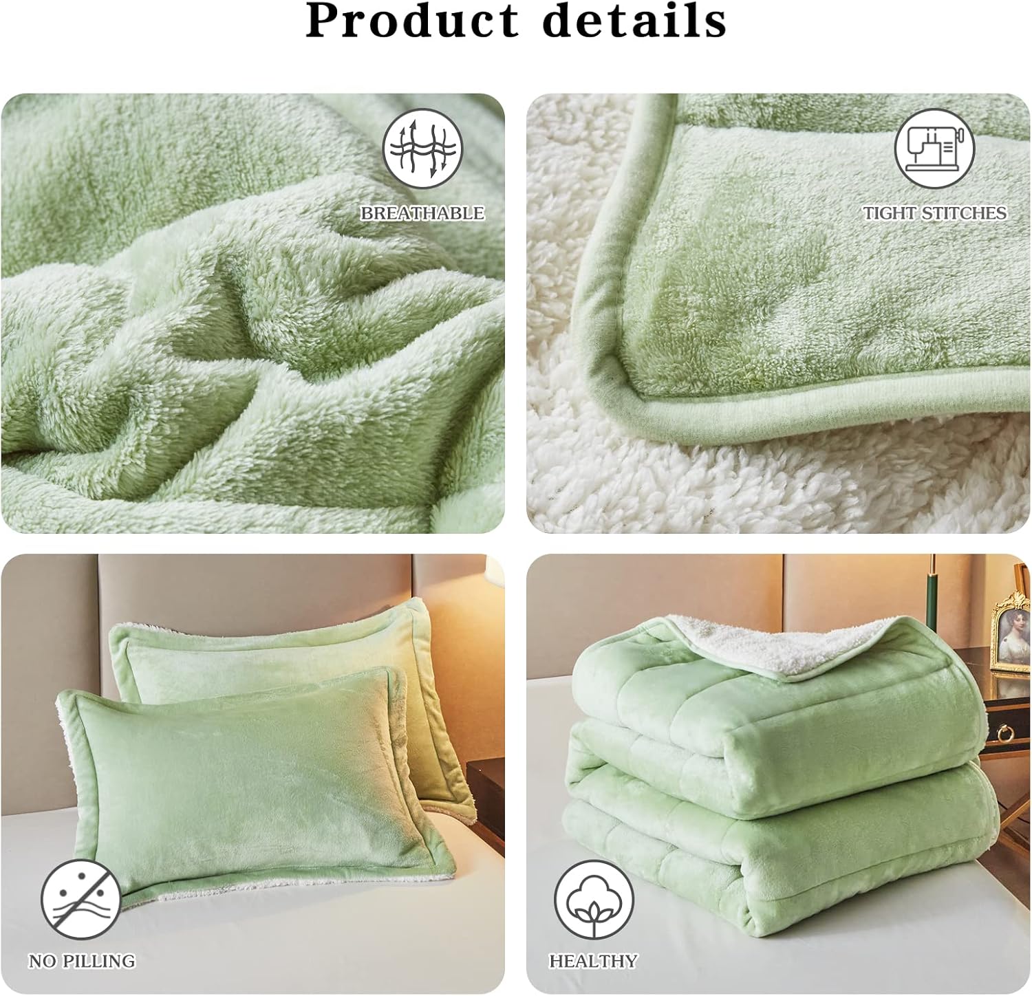 3-Layer Luxury Flannel Fleece Thick Bed Blanket Twin Size, Soft Plush Velvet Sherpa Blanket with 2 Pillow Shams Heavy Warm for Winter, Breathable n Washable, Mint Green