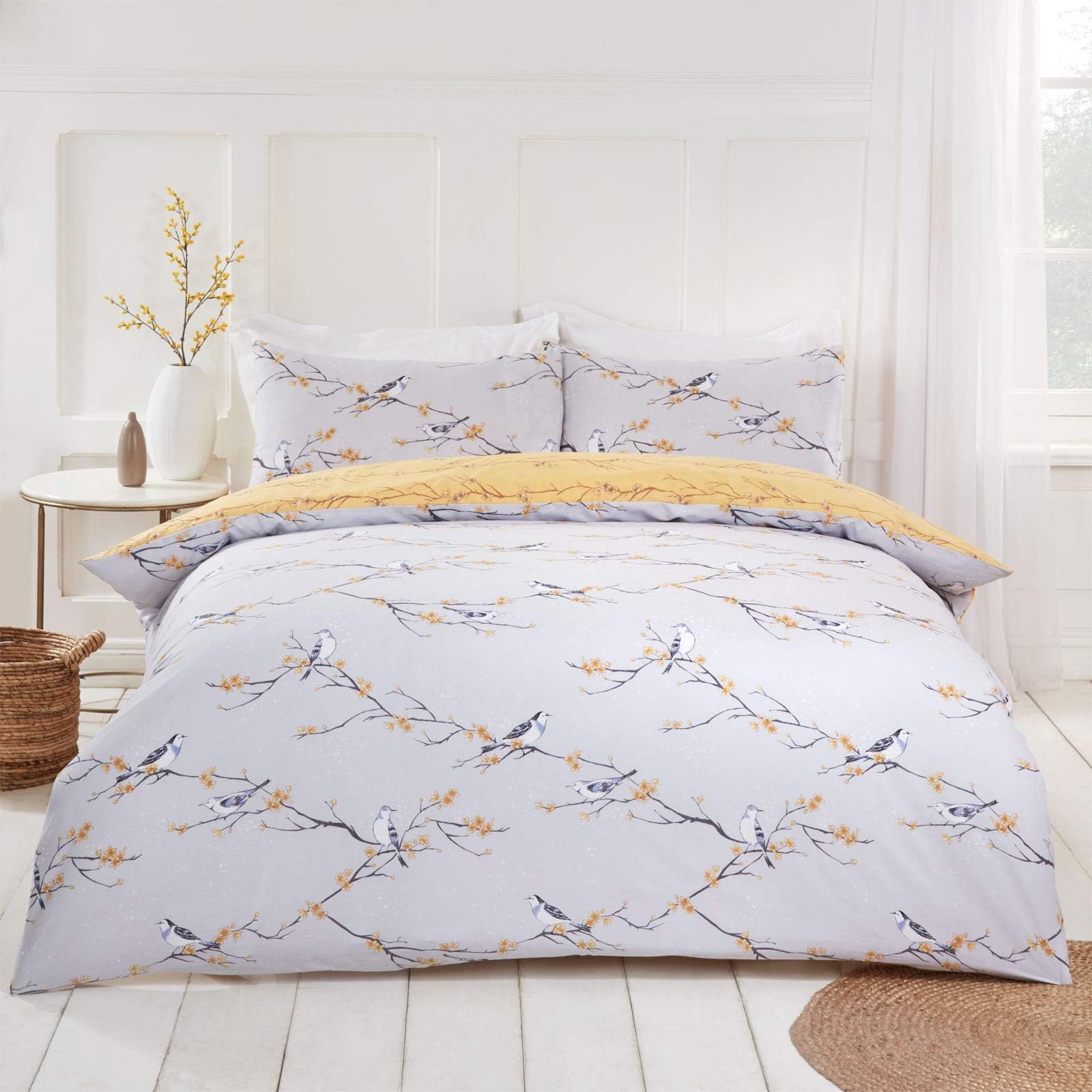 Dreamscene Blossom Bird Reversible Floral Quilt Duvet Cover with Pillowcase Bedding Set, Grey Ochre Yellow - Double