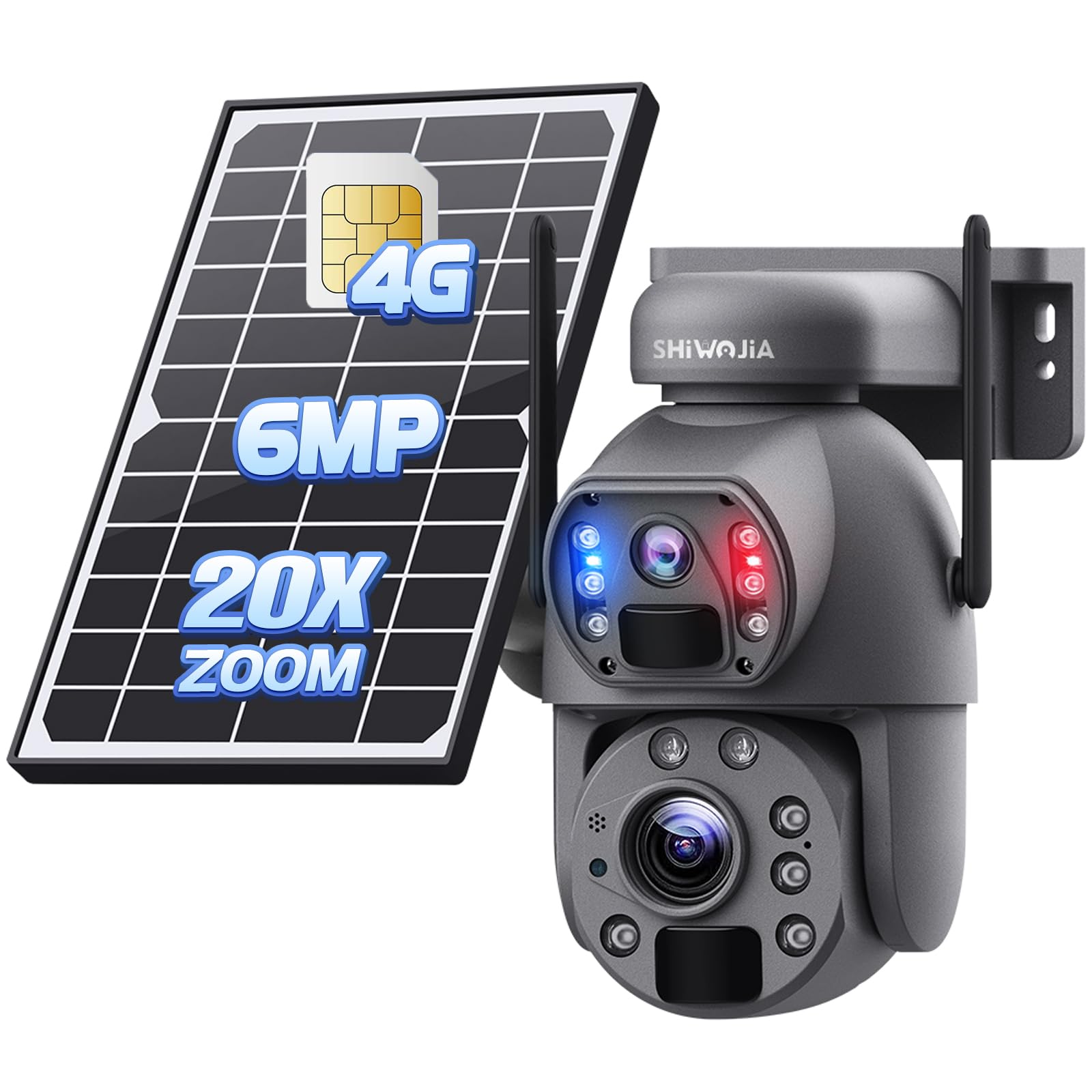 SHIWOJIA Camera doppia lente esterna solare 4g, zoom 20x, 2K 6MP Camera esterna senza fili solare, visione notturna colore, rilevamento umano PIR, IP66