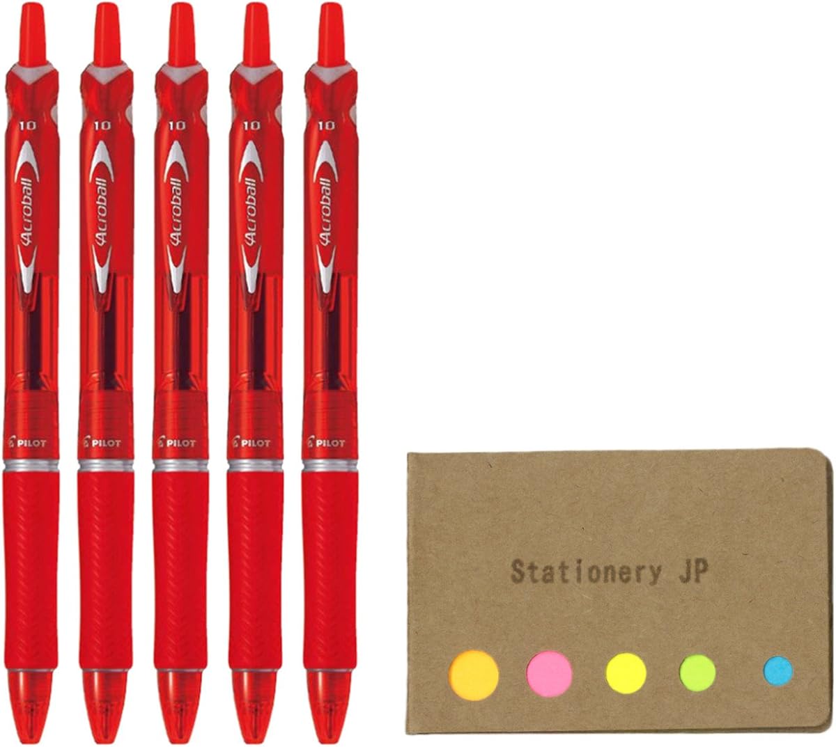 Pilot Acroball Retractable Pens 1.0mm Red 5-Pack | Medium Point Rubber Grip Sticky Notes Value Set