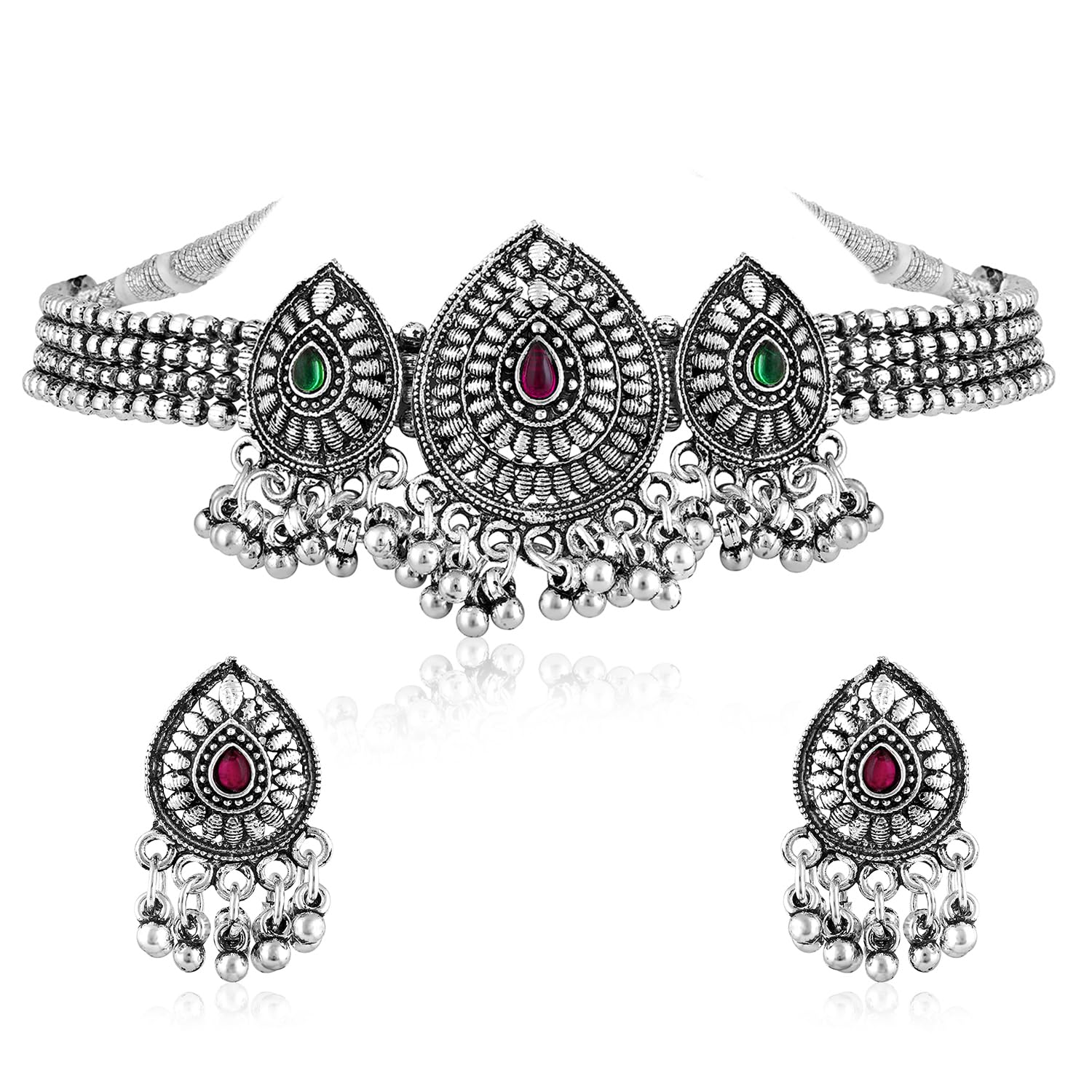peora Silver Plated Rani Pink Green Synthetic Stone Studded Necklace Dangle Earrings Oxidized Jewellery Set for Women & Girls-picture-16