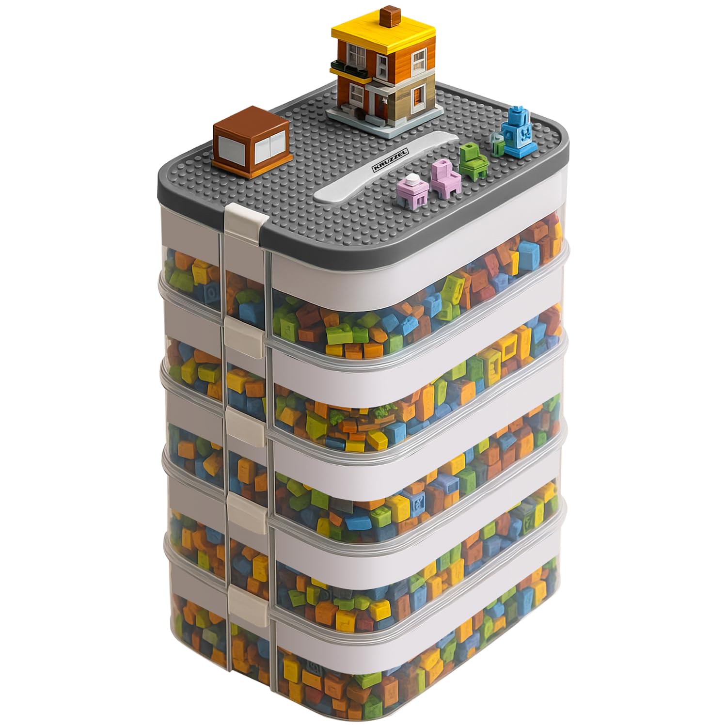 KRUZZEL Scatola portaoggetti con coperchio a 5 livelli, 35 l, con coperchio per Lego trasparente, la scatola non contiene blocchi, scatole impilabili in modo sicuro, impilabile 25759