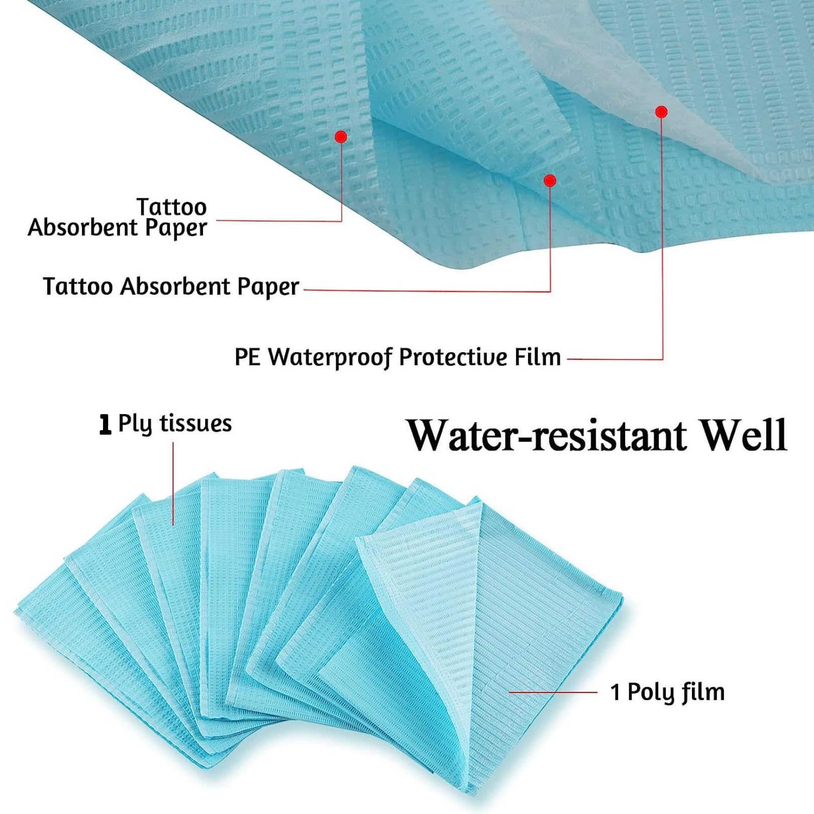 100 Stück 42,5 x 32 cm Dental Lätzchen Einweg 2-lagig Wasserdicht Piercing Tattoo Papier Tischdecken Clean Pad Patient Serviette Tissue Lätzchen für Zahnklinik, Tattoo Station (Caribbean Blue)