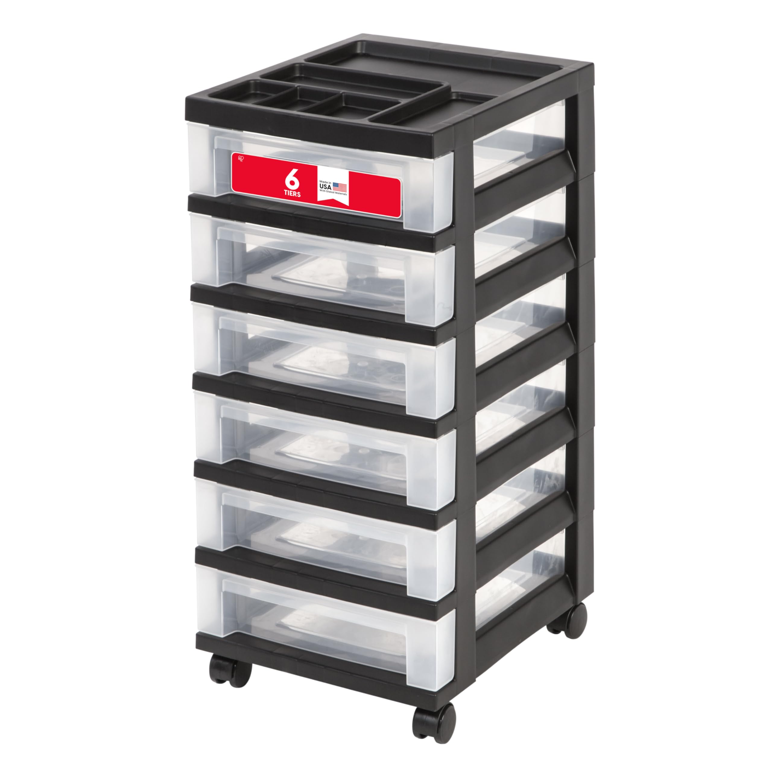IRIS USA Plastic Drawer Storage Organizer Rolling Cart, with Wheels Casters, 6-Drawers, for Classroom Art Craft Supplies Dresser Closet Bathroom Laundry Room, Black/Clear