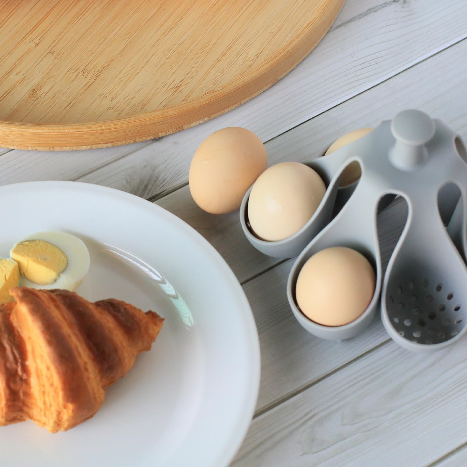 Caldera de huevos de silicona para huevos duros y suaves, cocina de silicona de grado alimenticio con 6 soportes, accesorio de cocina para cocinar/servir huevos con asa, apto para lavavajillas 7