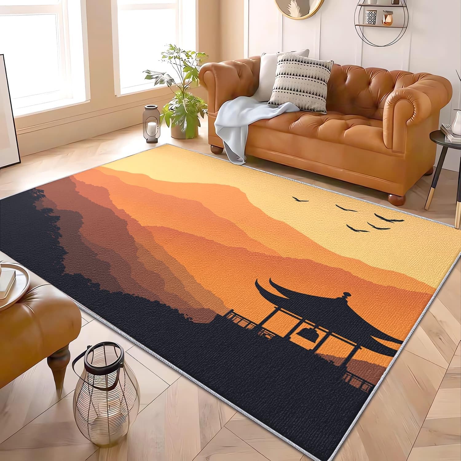 Genérico Alfombra Salón Dormitorio 80x150 cm Paisaje de Atardecer Natural Moderna Lavable y Antideslizante Pelo Corto de Alfombra Naranja Suave Esponjoso Sin Desprendimiento para Habitación Infantil