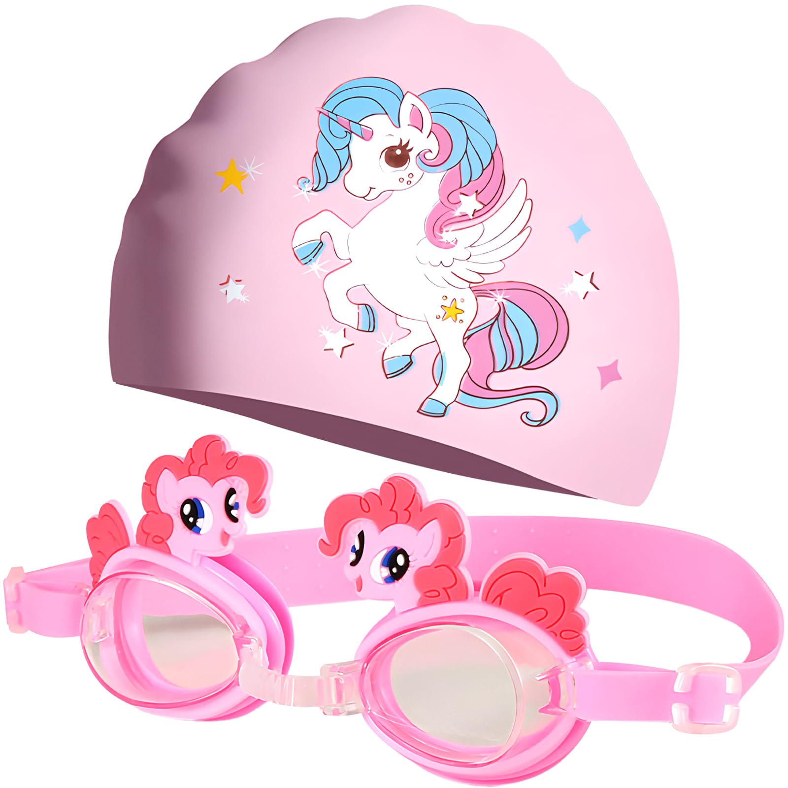 JYJLLM Kids Swim Goggles & Silicone Swim Cap Set, Adjustable Anti-Fog UV Protection Pool Goggles + Stretchable Swim Hat, Leak-Proof Children Swimming Gear for Boys Girls Ages 3-12，Beach/Pool