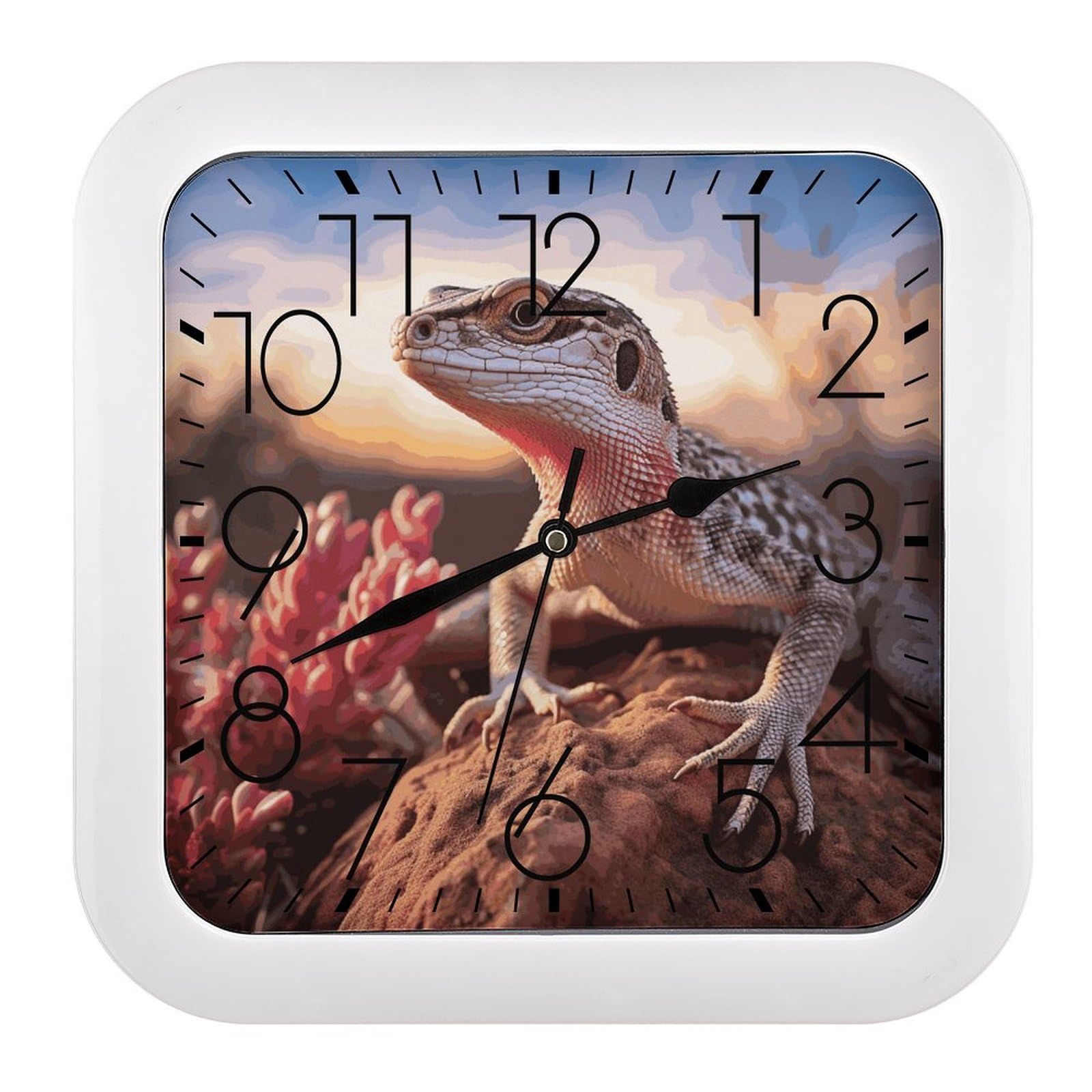 FekiLoot White Lizard Wall Clock 10.2" Modern Farmhouse Square Clocks Silent No Ticking, Wall Art and Timepiece Clock for Shelf Table Mantel Or Bedside Clocks
