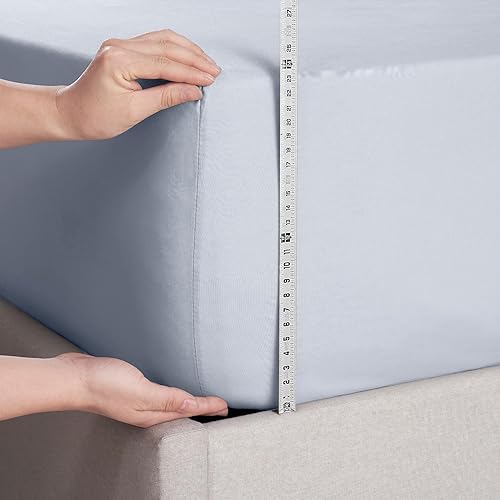 Miniatura 4 de Nestl Sábana bajera ajustable de bolsillo extra profundo de color azul hielo solo para cama King, sábanas bajeras de lujo tamaño King de hotel que