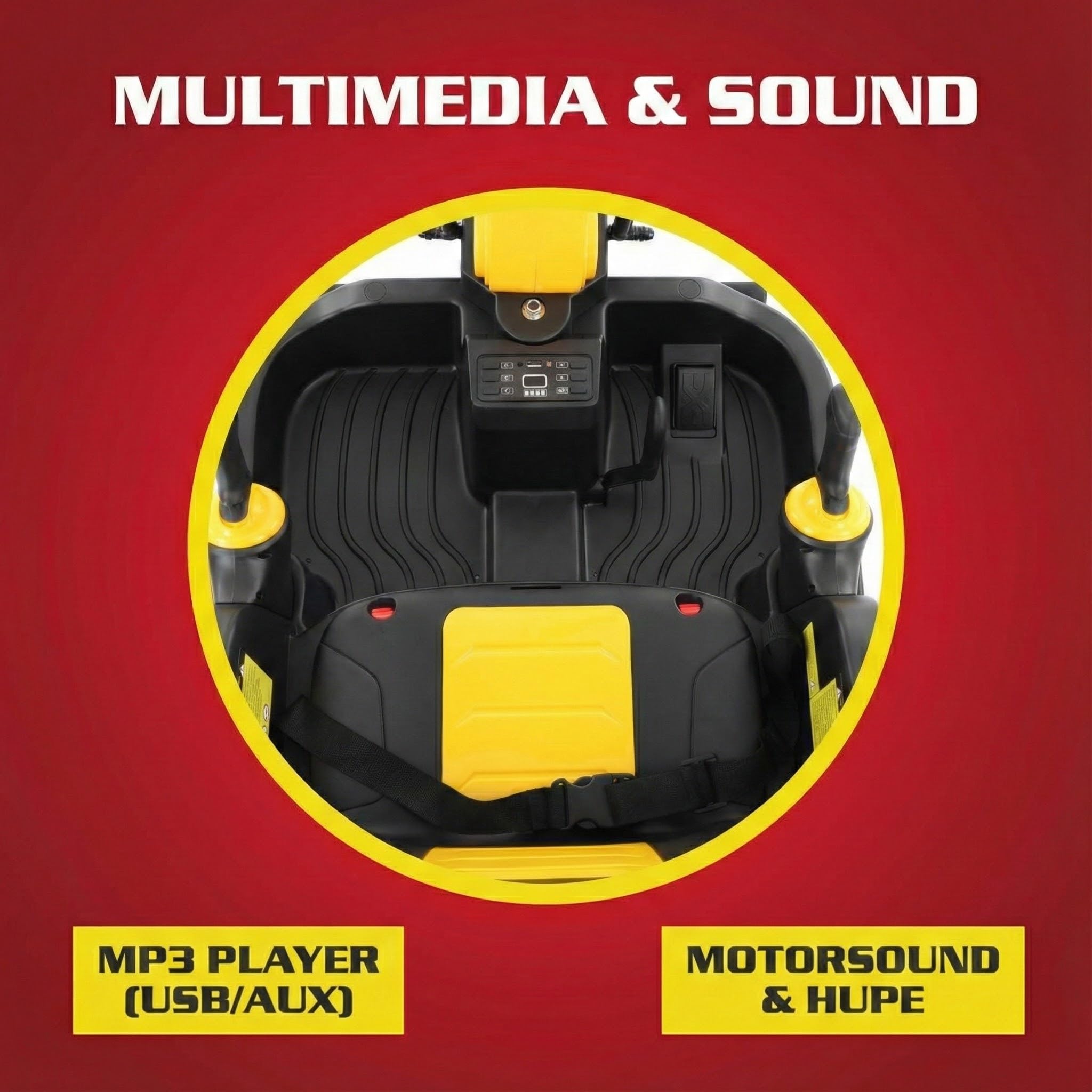 HECHT Elektro Kinderbagger 12V ab 3 Jahre bis 30 kg | Elektrischer Aufsitzbagger zum Draufsitzen, mit Fernbedienung, 2x50W Motor, Schaufel und Sound