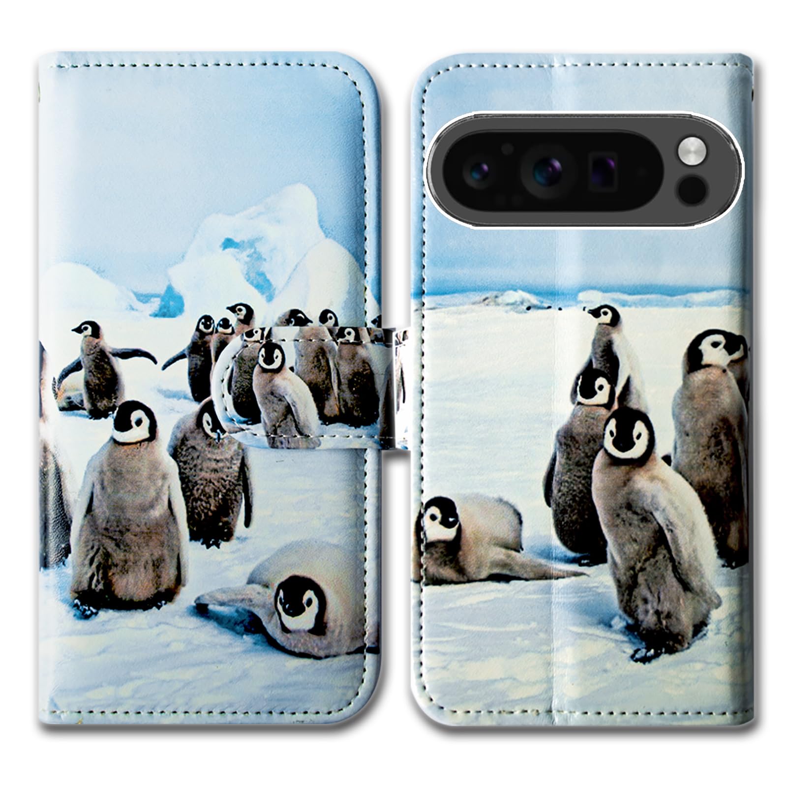 Bcov Case For Pixel 9 Pro,Cute Playing Penguin Leather Flip Phone Case Wallet Cover with Card Slot Holder Kickstand Case For Google Pixel 9 Pro