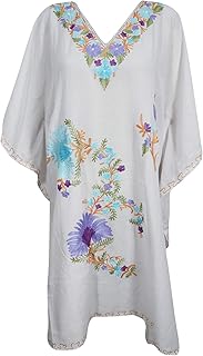 Mogul Interior Women White Kaftan Embroidered Kimono Dress Resort Party Style Beach Tunic XL