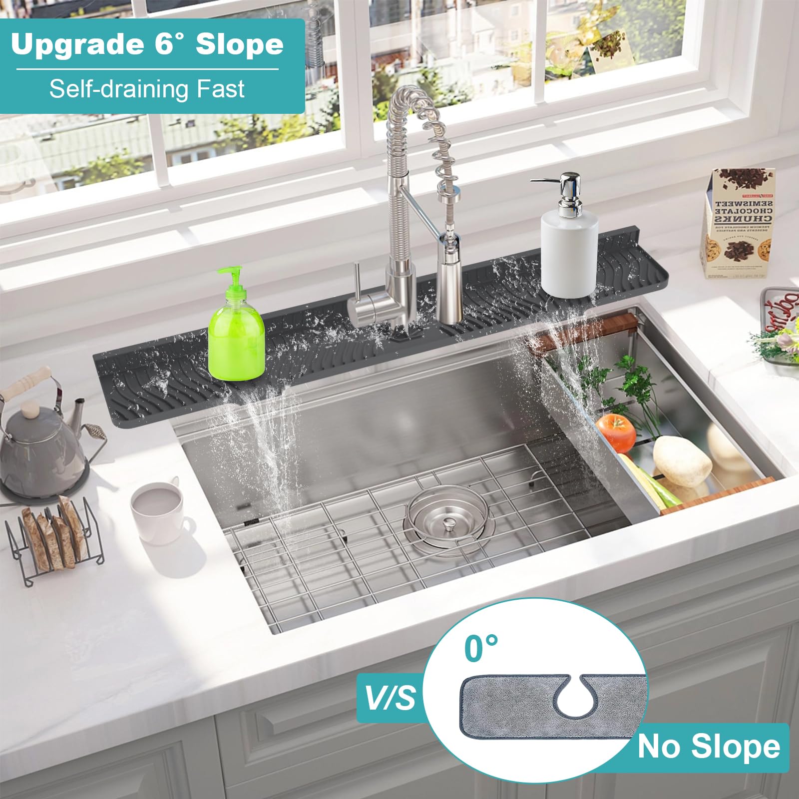 Tappetino per rubinetto del lavandino da 83 cm, paraspruzzi per lavello da cucina, paraspruzzi, portasapone, vassoio in silicone più lungo, vassoio raccogli gocce per cucina, bagno, fattoria (nero)