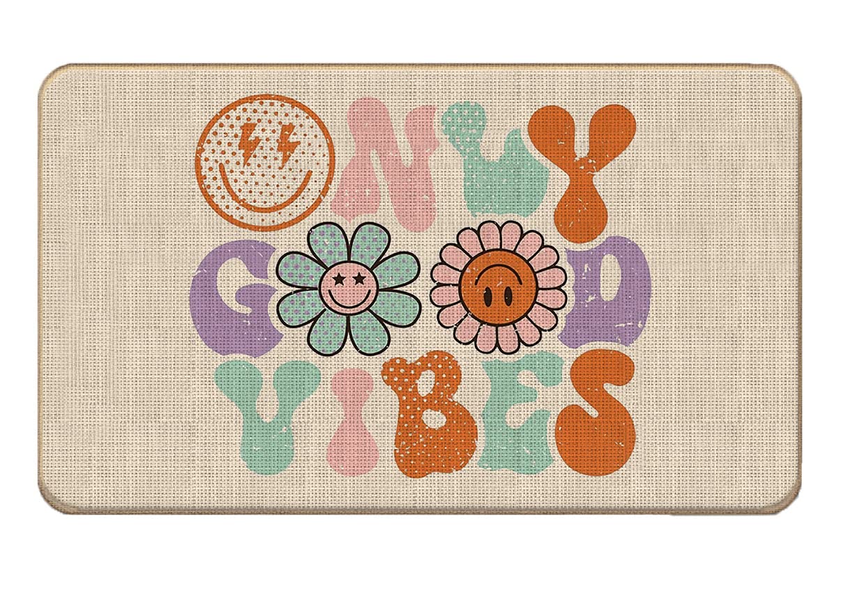 Only Good Vibes Retro Smiley Face Door Mat Doormat, Decorative Dorm Indoor Outdoor Patio Entry Front Door Mat,Welcome Mat Decor,Gift for Teen Girl