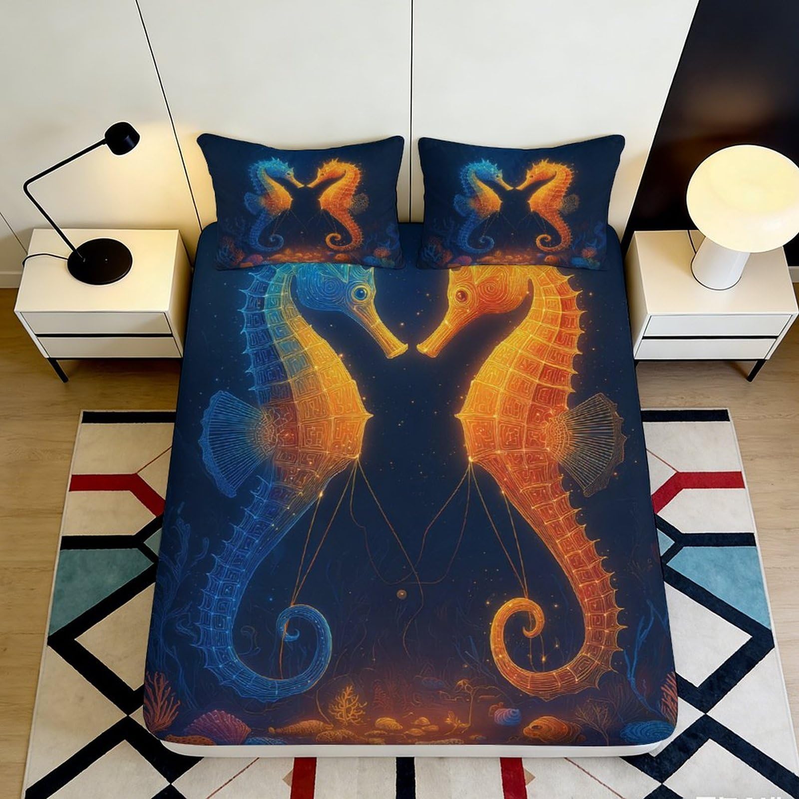 3D Printed Seahorse Ocean Fitted Sheet Microfiber Soft Breathable Underwater Coral Mattress Cover for Bedroom Decor 90x200x25cm