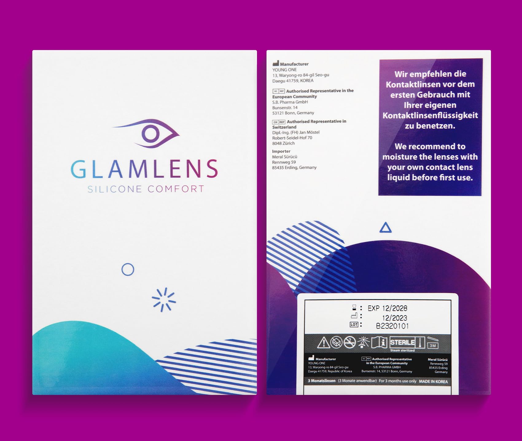GLAMLENS lentillas de colores azules Keira Blue + contenedor. 1 par (2 piezas) - 90 Días - Sin Graduación - 0.00 dioptrías - blandos - Lentes de contacto azul de hidrogel de silicona