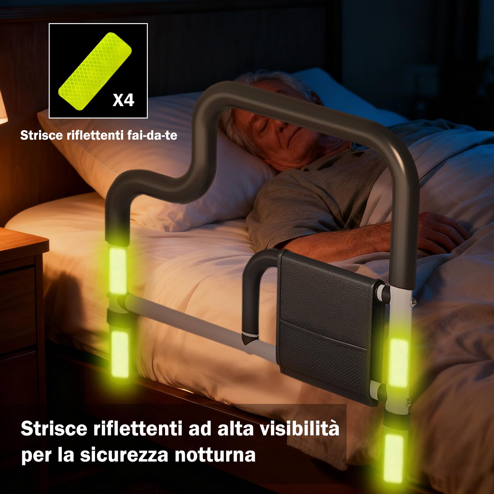 Binario di supporto per letto per donne anziane e incinte, maniglia di supporto regolabile per comodino con impugnatura antiscivolo in schiuma e tasca portaoggetti, telaio in metallo stabile