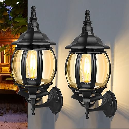 Paquete de 2 faroles de pared para exteriores, impermeables, exteriores, aplique de pared exterior, luz de pared exterior, negro mate, vidrio de