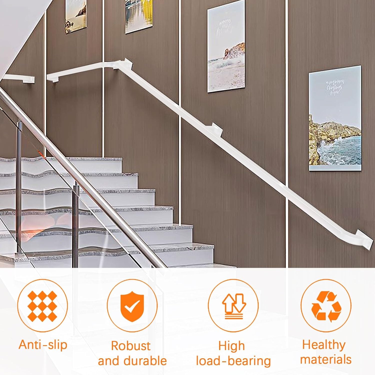 Drsyffsup 1FT-15FT Industrial Staircase Handrail, Banister Exterior Hand Railing for Indoor Outdoor, Metal Wrought Iron Wall Support Safety Hand Rail, White Iron Pipe.(15 FT)
