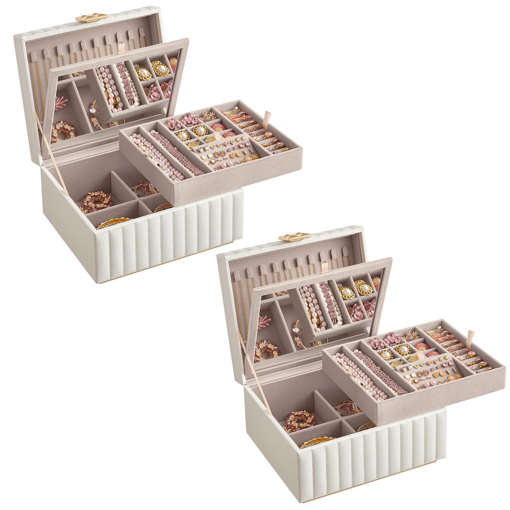 SONGMICS HOME ANAH Kollektion - Schmuckkästchen 2 Ebenen, 2er Set, Schmuckbox mit Spiegel, Schmucktablett herausnehmbar, PU mit Nähten, Schwebe-Effekt, 21,5 x 24 x 13,5 cm, wolkenweiß JBC182W01-2J