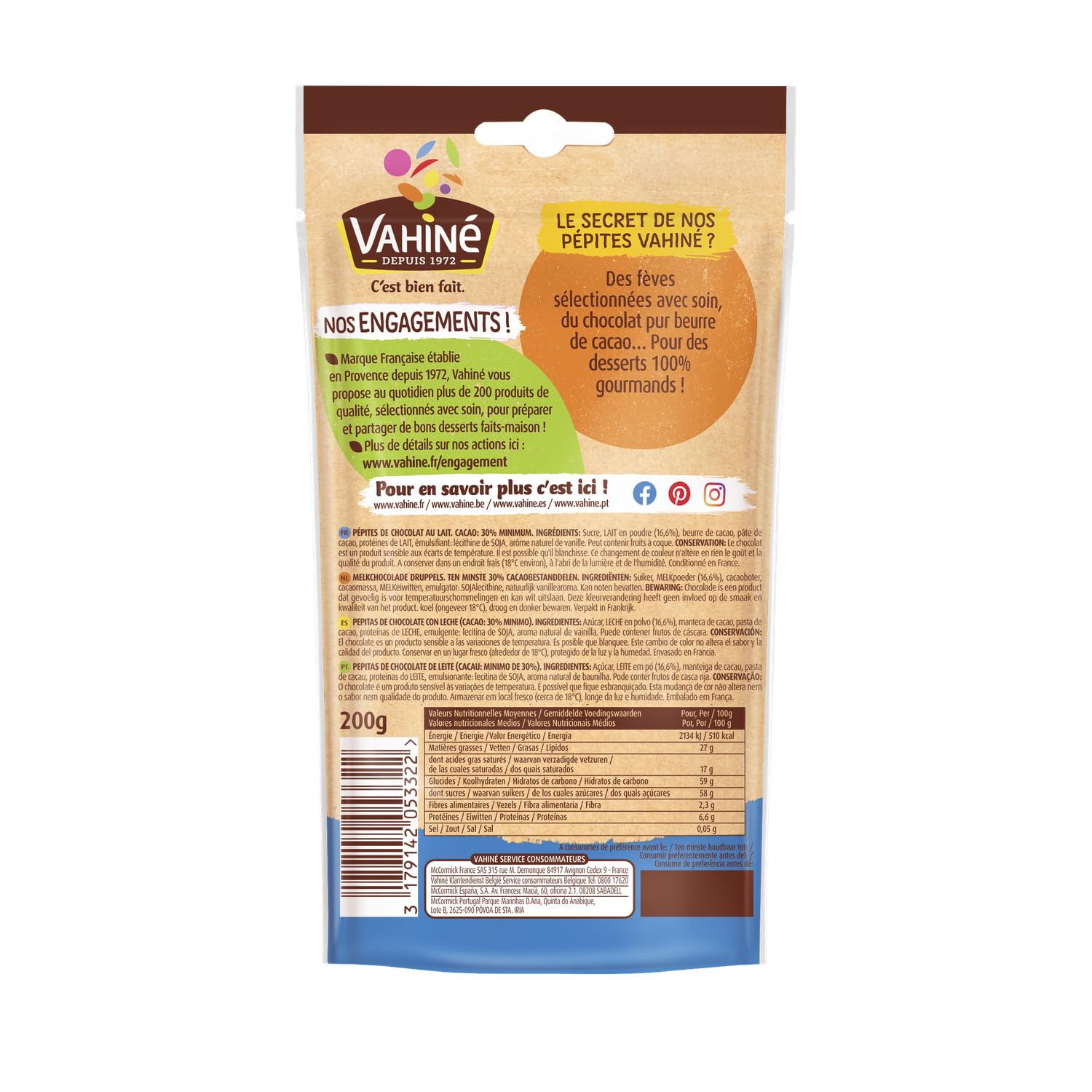 VAHINE Pépites de Chocolat au Lait 200 g – Fondant et Savoureux pour Pâtisseries Maison - Lot de 3