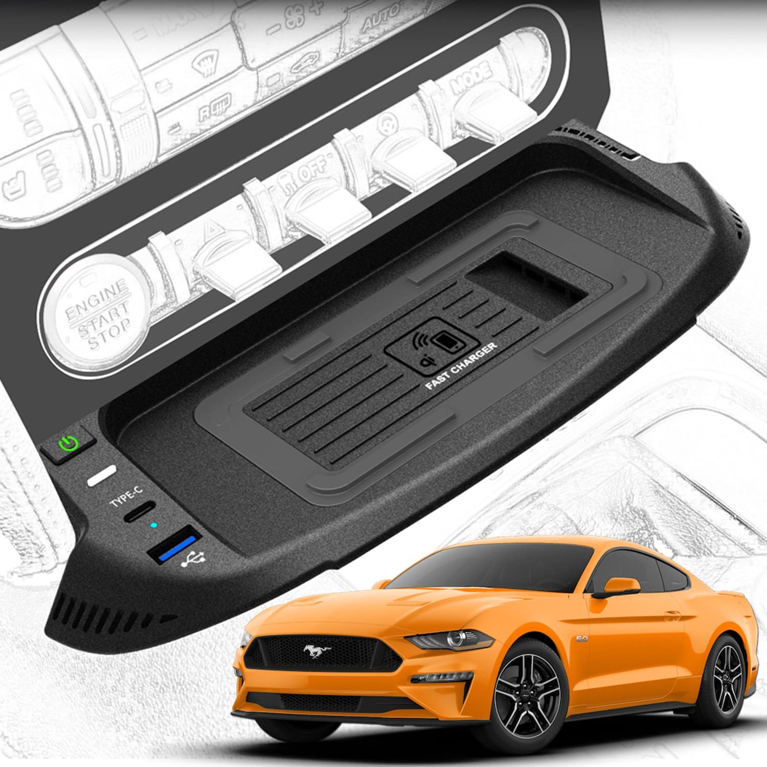 Caricatore Wireless Auto per Ford Mustang Coupe Convertible GT Shelby 2015-2023 Tutti i Modelli, 15W Qi Wireless Rapida Ricarica Telefono Pad con USB QC3.0 per iPhone 12/13 Samsung S22/S21