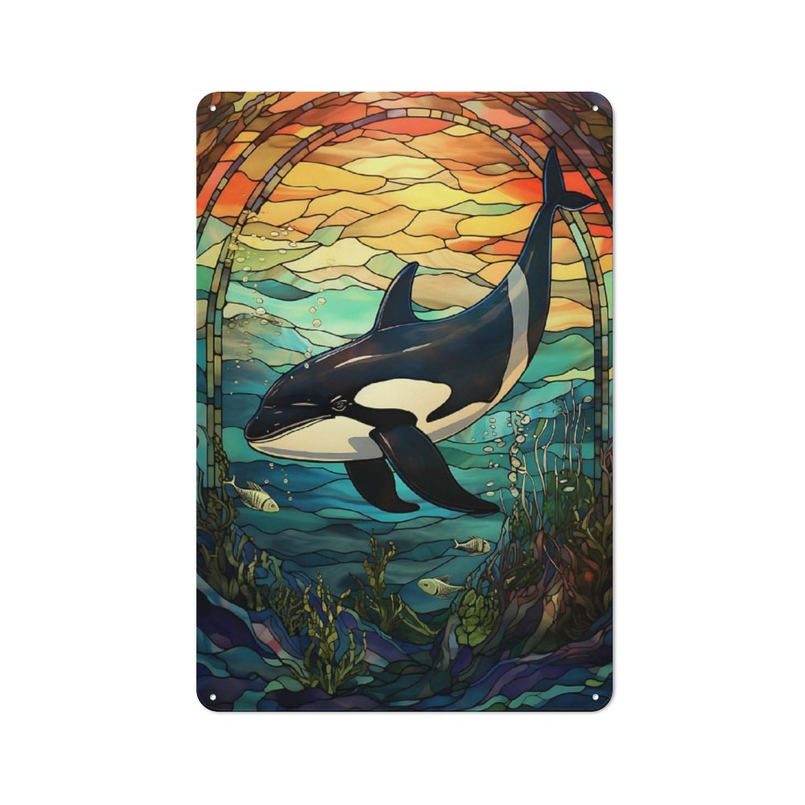 Junmoney Killer Whale Stained Glass Rustic Tin Sign 30X20cm For Lounge Or Reading Corner, For Metal Sign Collectors, For Cafés, Pubs And Restaurants