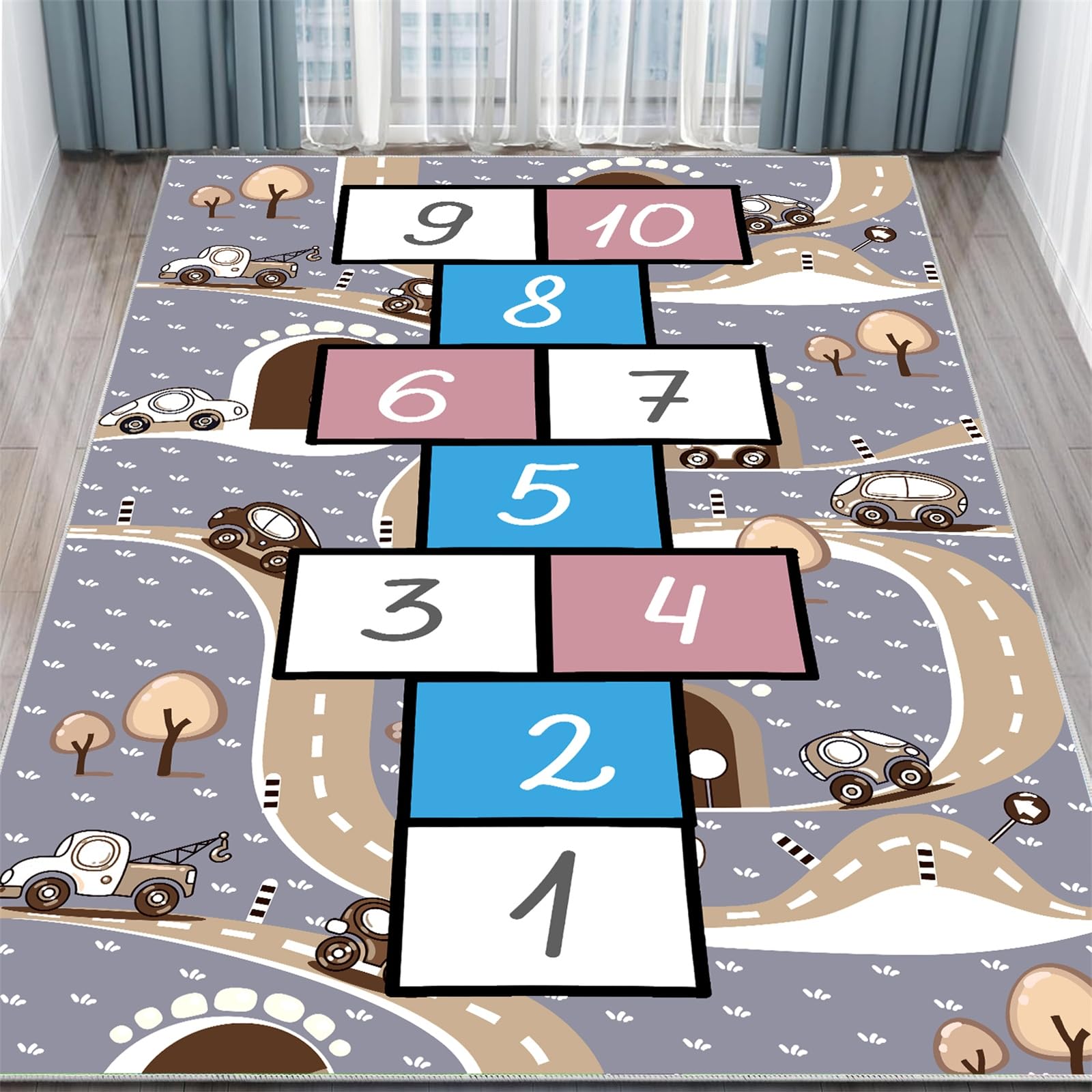 Arzunsy Hopscotch Play Mat 60x110cm, Extra Large Washable Area Rug in Grey & Pink, Soft Educational Carpet for Boys Girls Bedroom, Classroom & Playroom