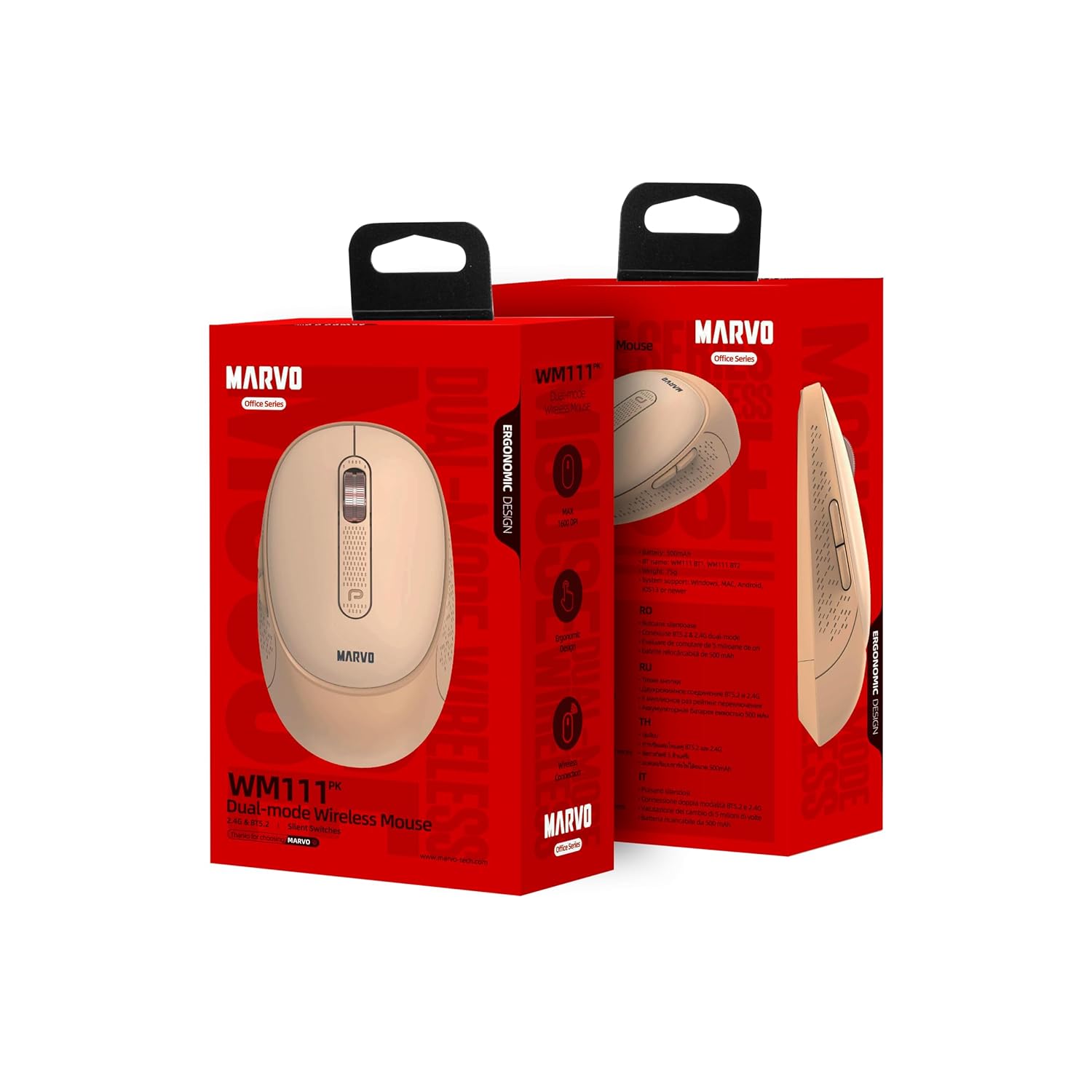 MARVO WM111PK Wireless Mouse Bluetooth 5 2 and 2 4GHz 6 Programmable Buttons 1600DPI Ergonomic Pink