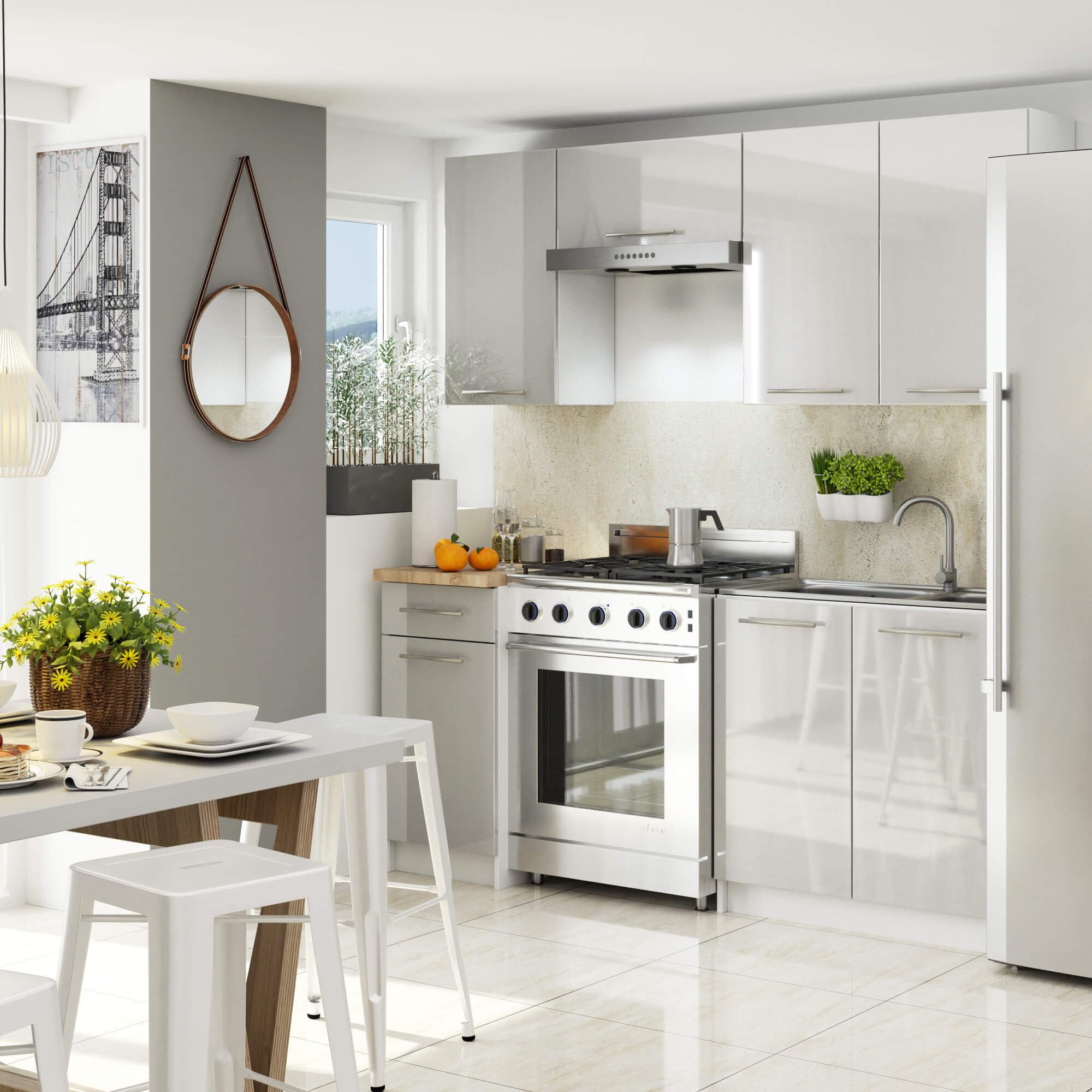 AKORD - Armario de cocina colgante Oliwia W60 | Mueble con 2 puertas y 2 estantes | Armario de almacenamiento | 60x30x72 cm | Blanco | Metallic Brillante