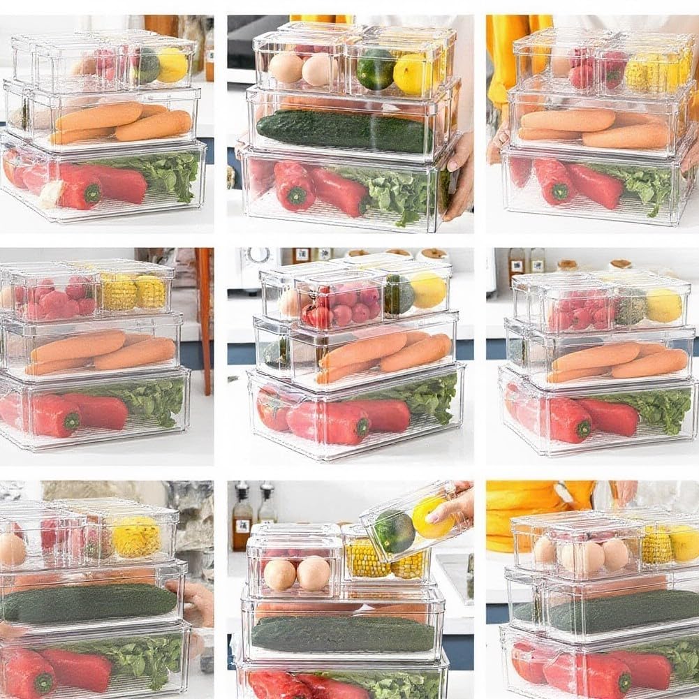 Caja de almacenamiento apilable para nevera, organizador transparente de PET, contenedor de alimentos resistente para refrigerador, contenedor transparente de 31,5 x 15,7 x 8,9 cm