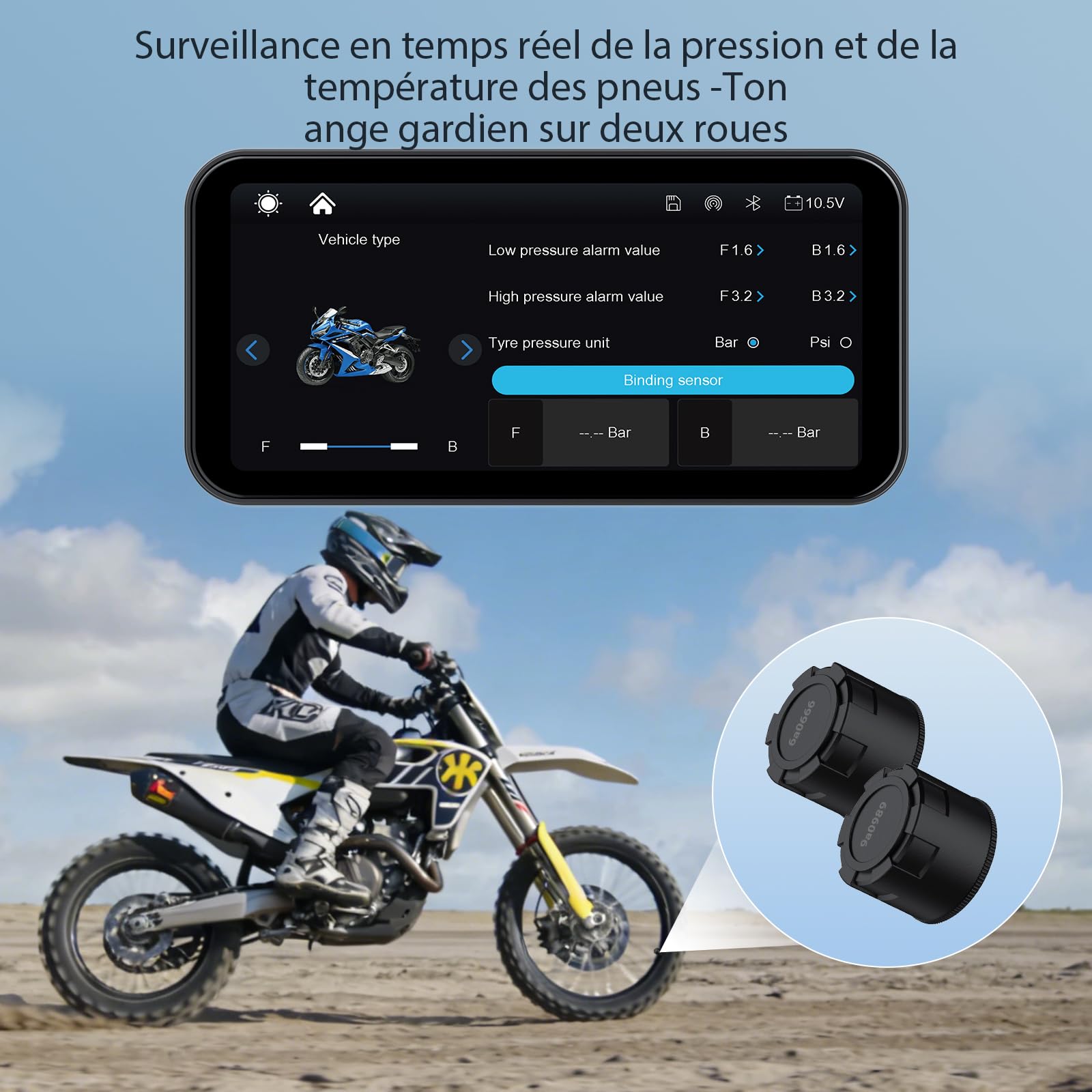 Écran Moto CarPlay 6 Pouces A622, CarPlay et Android Auto sans Fil, Écran Tactile Étanche IP67, TPMS, Double Bluetooth, GPS, Alimentation USB/ACC, Compatible avec Toutes Les Motos