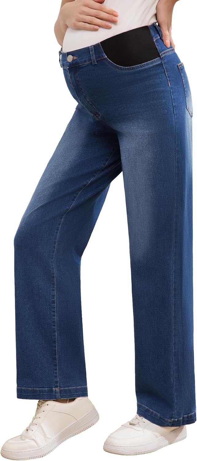 Women's Maternity Jeans Mid-Rise Straight Leg Relaxed Fit Denim Pants for Pregnancy and Postpartum