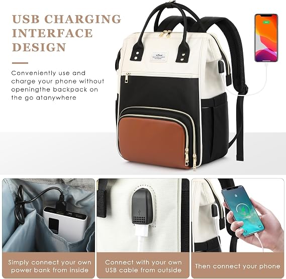 ETRONIK Laptop Lunch Backpack for Women, 17.3 inch Laptop Backpack | Backpack with USB Port Teacher Nurse Work Bag with Cooler Bag Insulated, Rucksack for Women Business Work, Black-Beige-Brown
