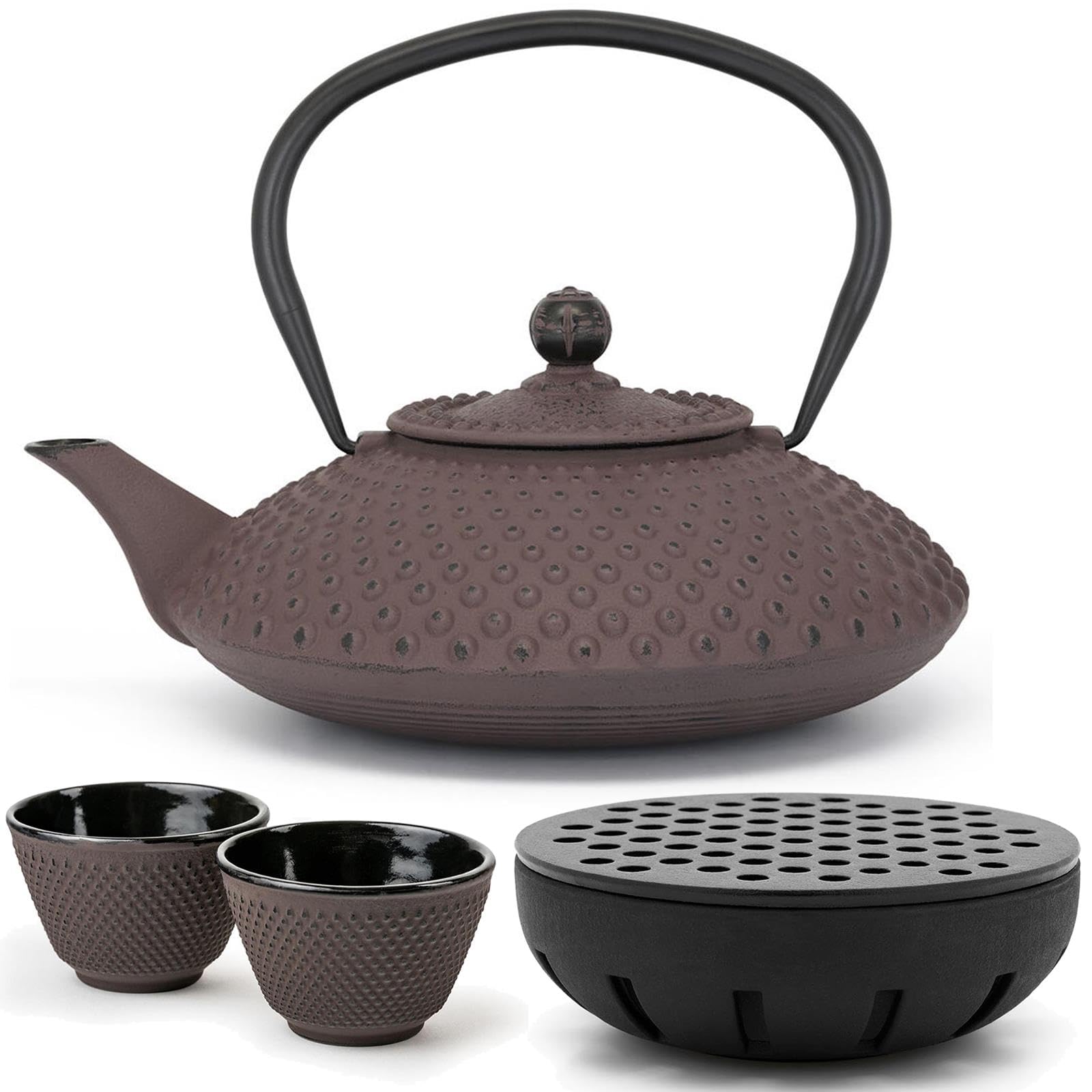 Bredemeijer Gusseisen Teekanne 1.25 Liter Induktion - flache Asia Gusskanne aubergine im Set mit Teewärmer & 2 Teebecher (Tassen) & Teefilter-Sieb-Einsatz