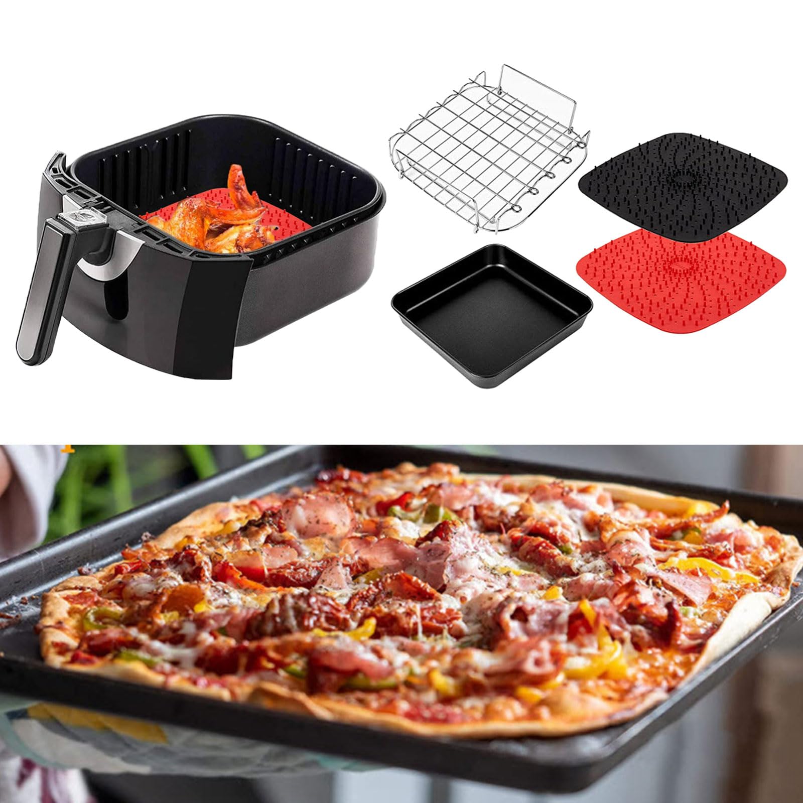 Almohadillas de metal para freidoras de aire, bandeja de silicona para freidoras de aire, cesta de silicona para hornear de 4.5 a 8 cuartos de galón