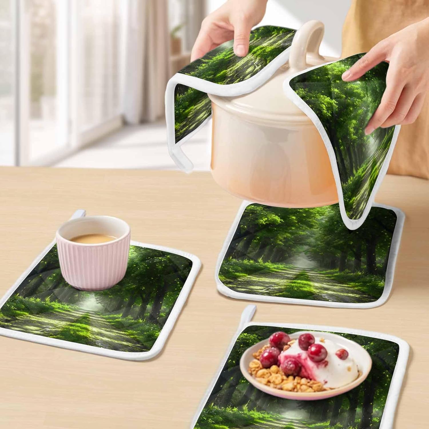 5 Pack Pot Holders for Kitchen, Green Trees Hot Pads for Kitchen Countertops Oven Pot Holder Bulk, Forest Art Decor Spring Summer Nature Leaf Heat Insulation Potholders with Hanging Loops