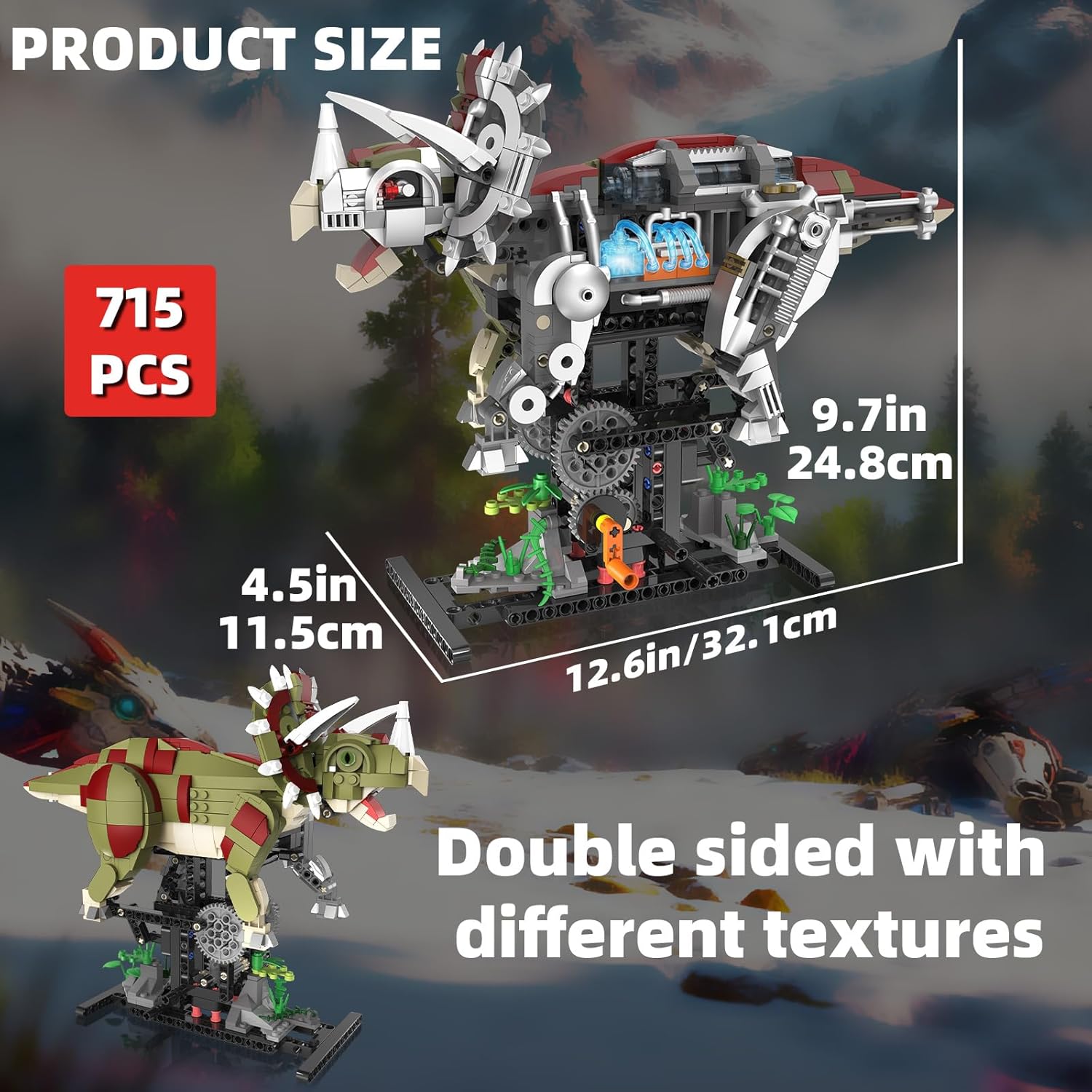 Mechanical Triceratops Dinosaur Building Set with Lights, Rotatable Components & Display Stand, STEM Building Set for Boys 8-14, Home Office Decor for Adults, Mechanical Enthusiasts（715PCS）