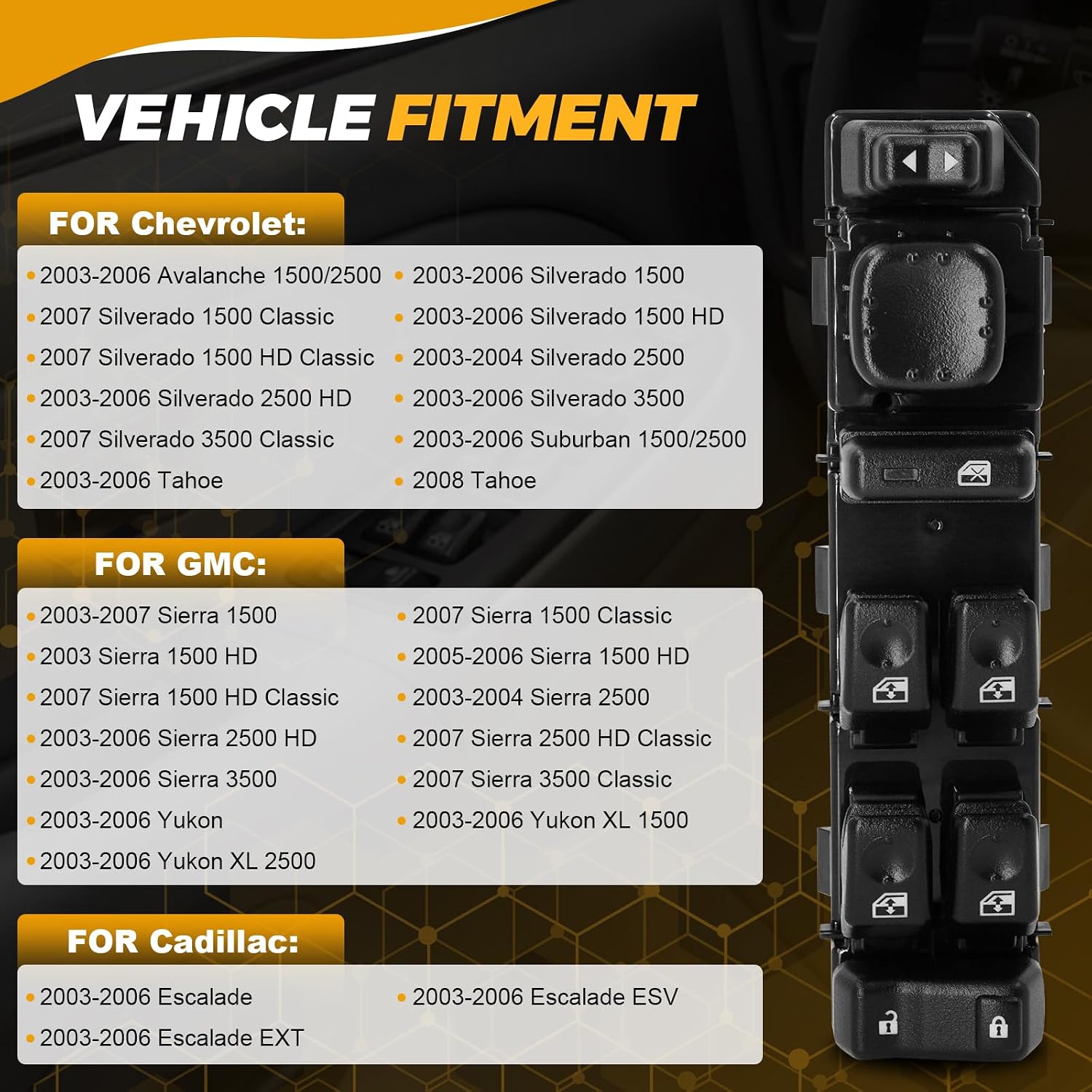 15883323 Front Driver Side Master Power Window Control Switch Assembly Fit for Chevrolet Avalanche Silverado Suburban Tahoe GMC Sierra Yukon Cadillac Escalade 2003 2004 2005 2006 2007 DWS-220 (Black)