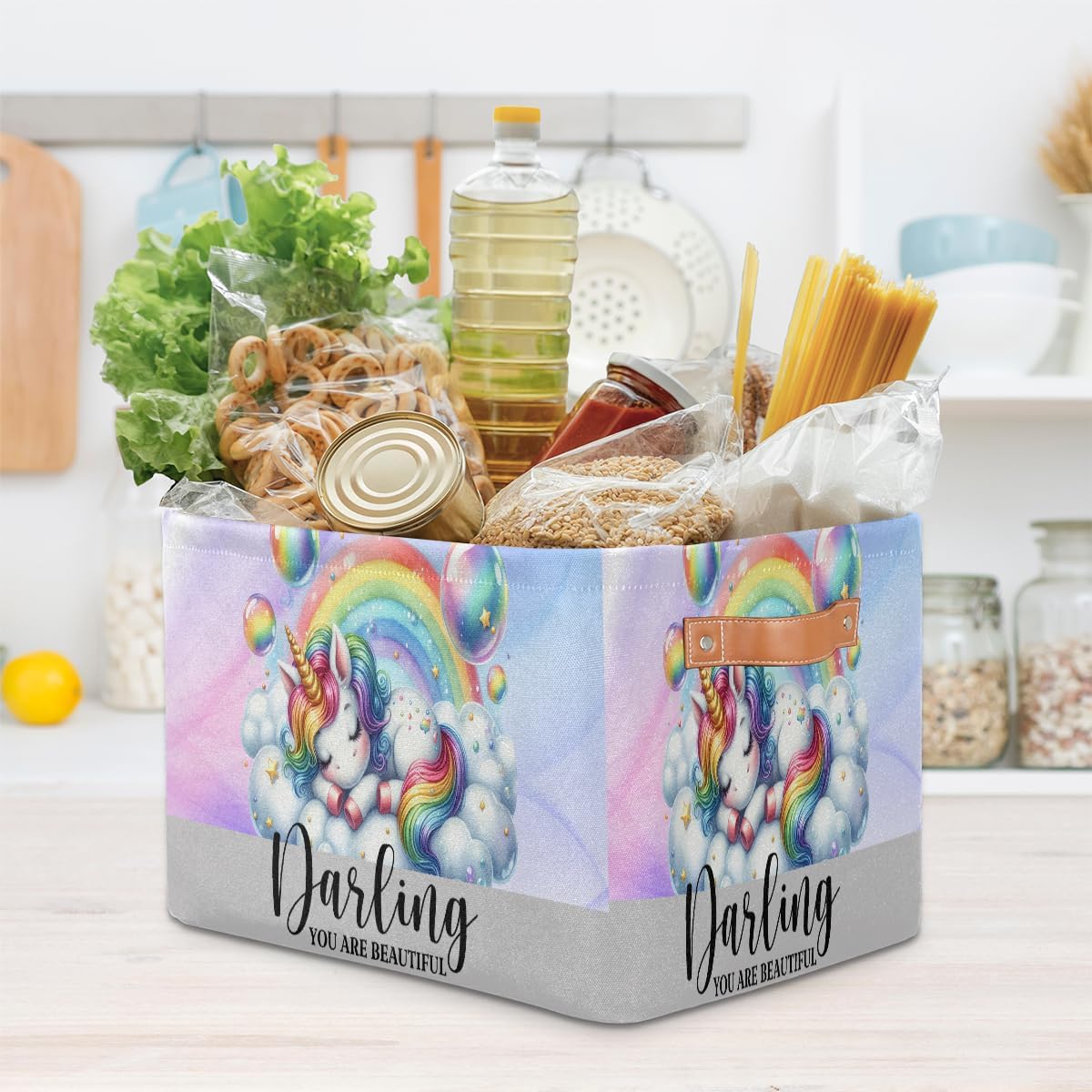 Small Storage Basket Rainbow Cute Unicorn With Handles Kids Toy Storage Bin Collapsible Fabric Cube Storage Organizer Hamper for Nursery Living Room Bedroom Shelves Clothes Toy Box Gifts Decorate
