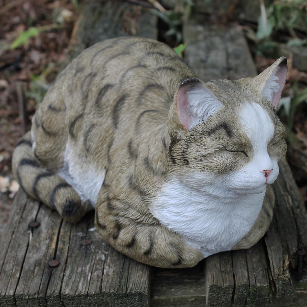 Colourliving Deko Katze Lebensecht Katzenfigur Gartenfigur Schlafend Dekofigur Grau Emma