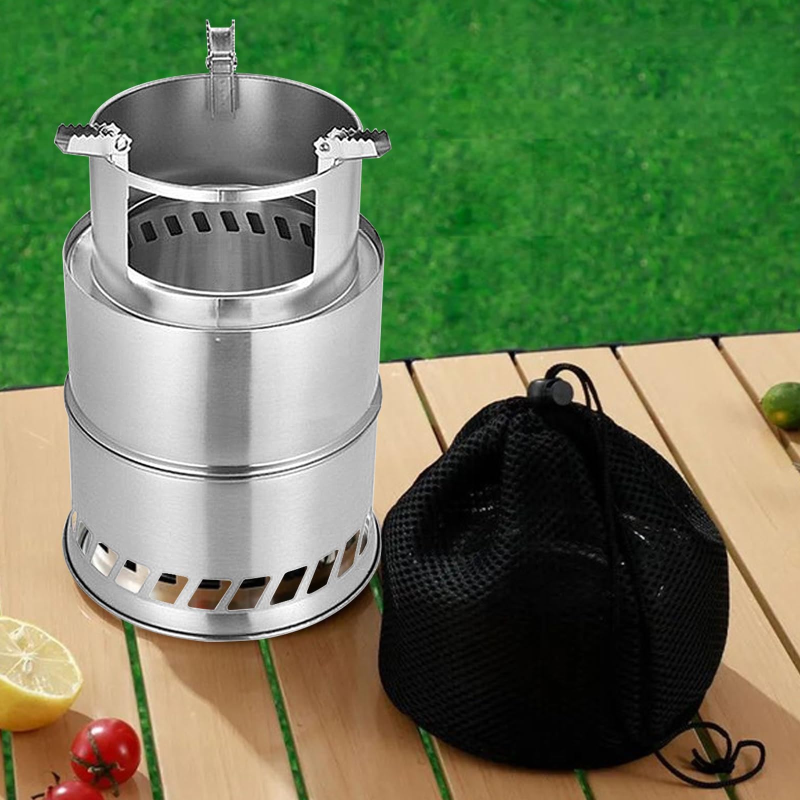 Stufa a legna portatile da campeggio con piastra a rete per barbecue, fornello Hobo in acciaio inox, borsa per il trasporto, pieghevole e antivento
