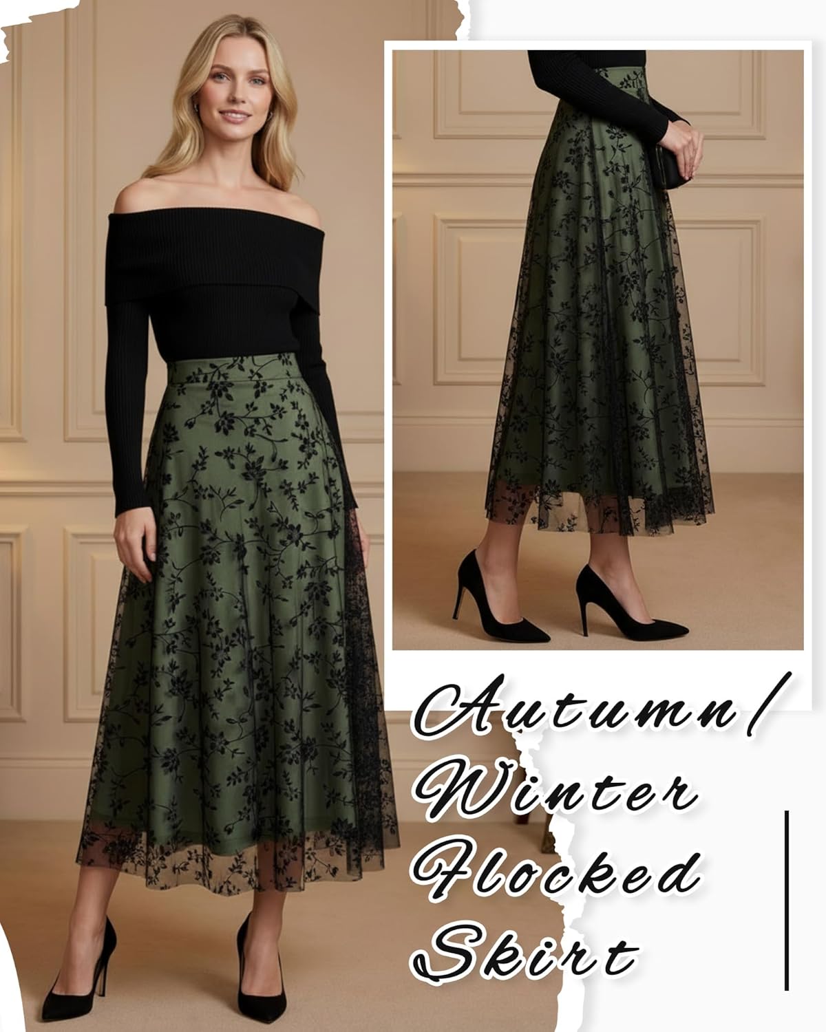 Women Floral Mesh Midi Skirt Boho High Waist Layered Tulle Skirt Flowy A-Line for Spring Fall Travel Wedding Date - Image 5