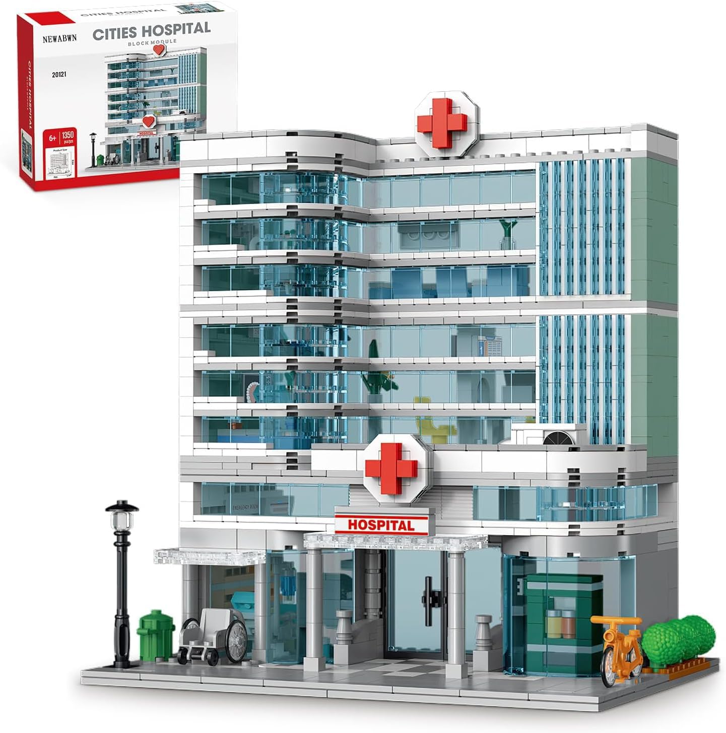 City Hospital Building Set Compatible with Lego, 1350 Pieces Modular 3-Story Medical Center with LED Lighting, Building Set for Adults and Kids Ages 10+, Gift for Boys and Girls