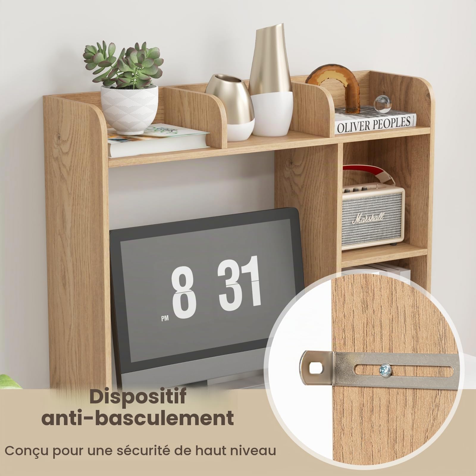 HOMASIS Étagère Bibliothèque de Bureau, Meuble de Rangement avec 4 Etagères et Compartiment Ouvert, en Panneau de Bois avec Dispositif Anti-basculement et Base Antidérapante, 94 x 25 x 74 cm (Brun)