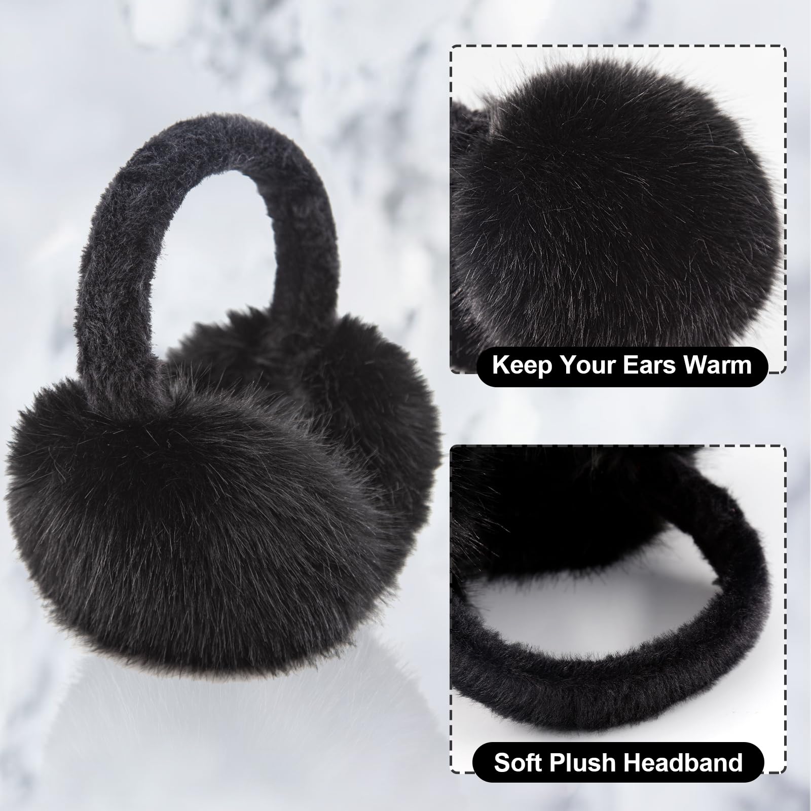 WATAME Earmuffs for Women Girls Faux Fur Fuzzy Headband Foldable Ear Covers Cold Weather Accessory: Black